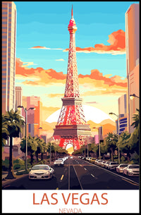 Las Vegas Cityscape with Eiffel Tower Travel Poster