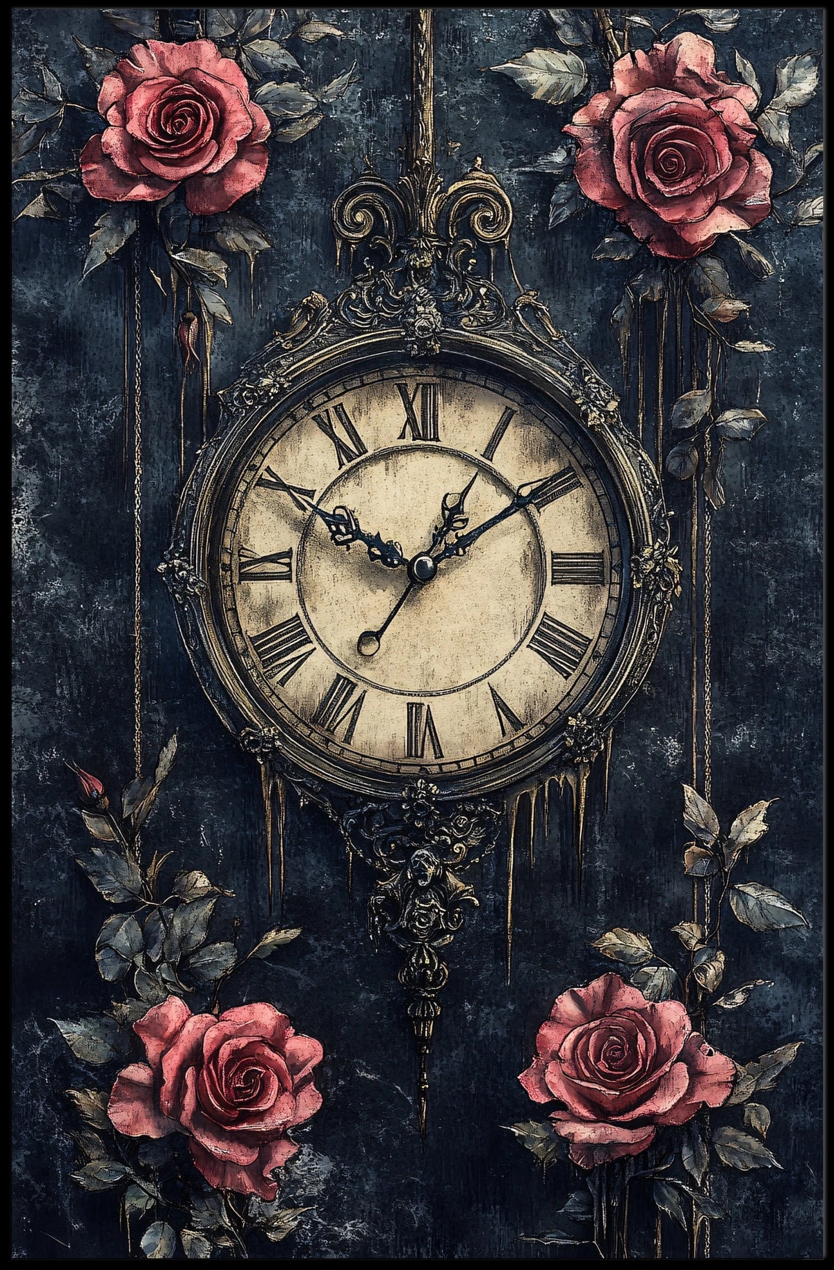 Vintage Clock and Roses Artistic Wall Art Poster