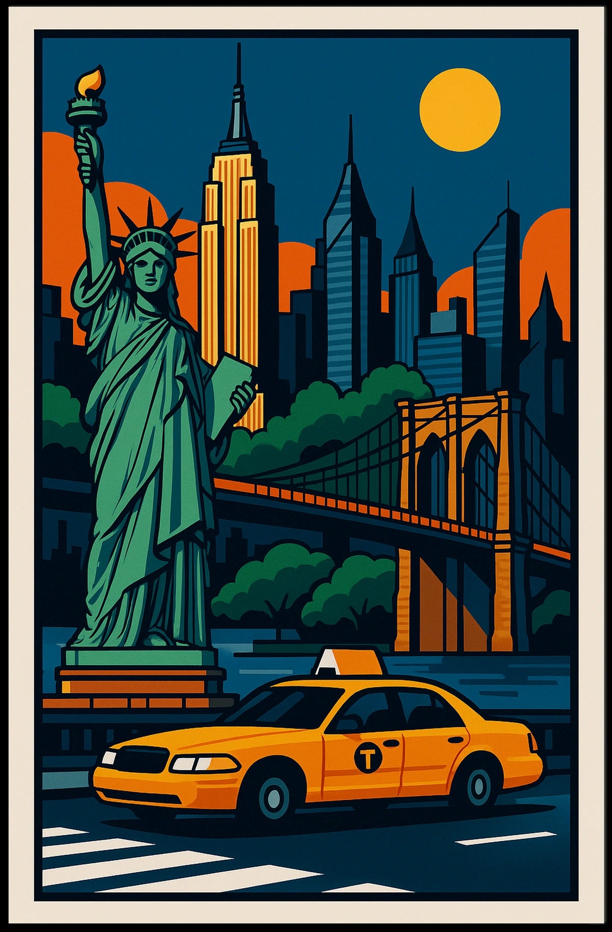 Iconic NYC Skyline And Statue Poster Modern Wall Art