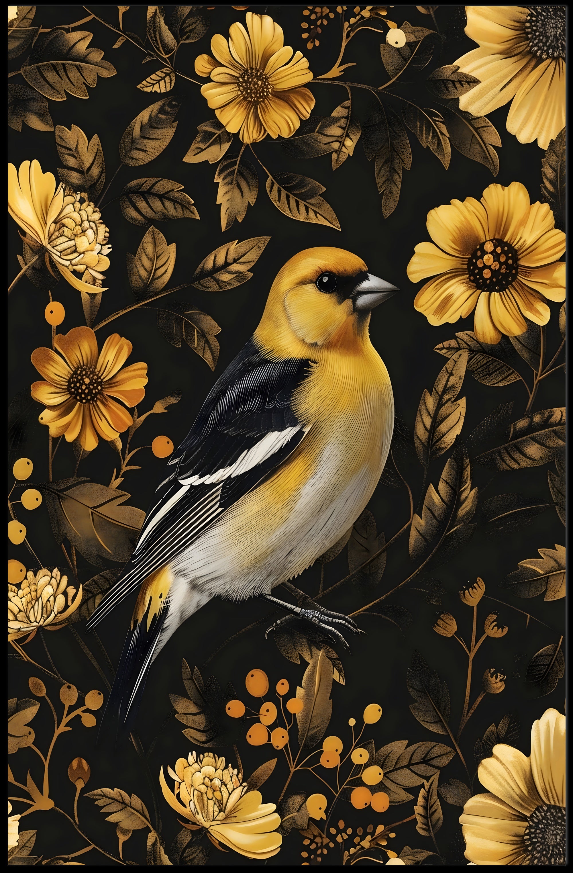 Elegant Yellow Bird Perched Among Flowers Animal Poster