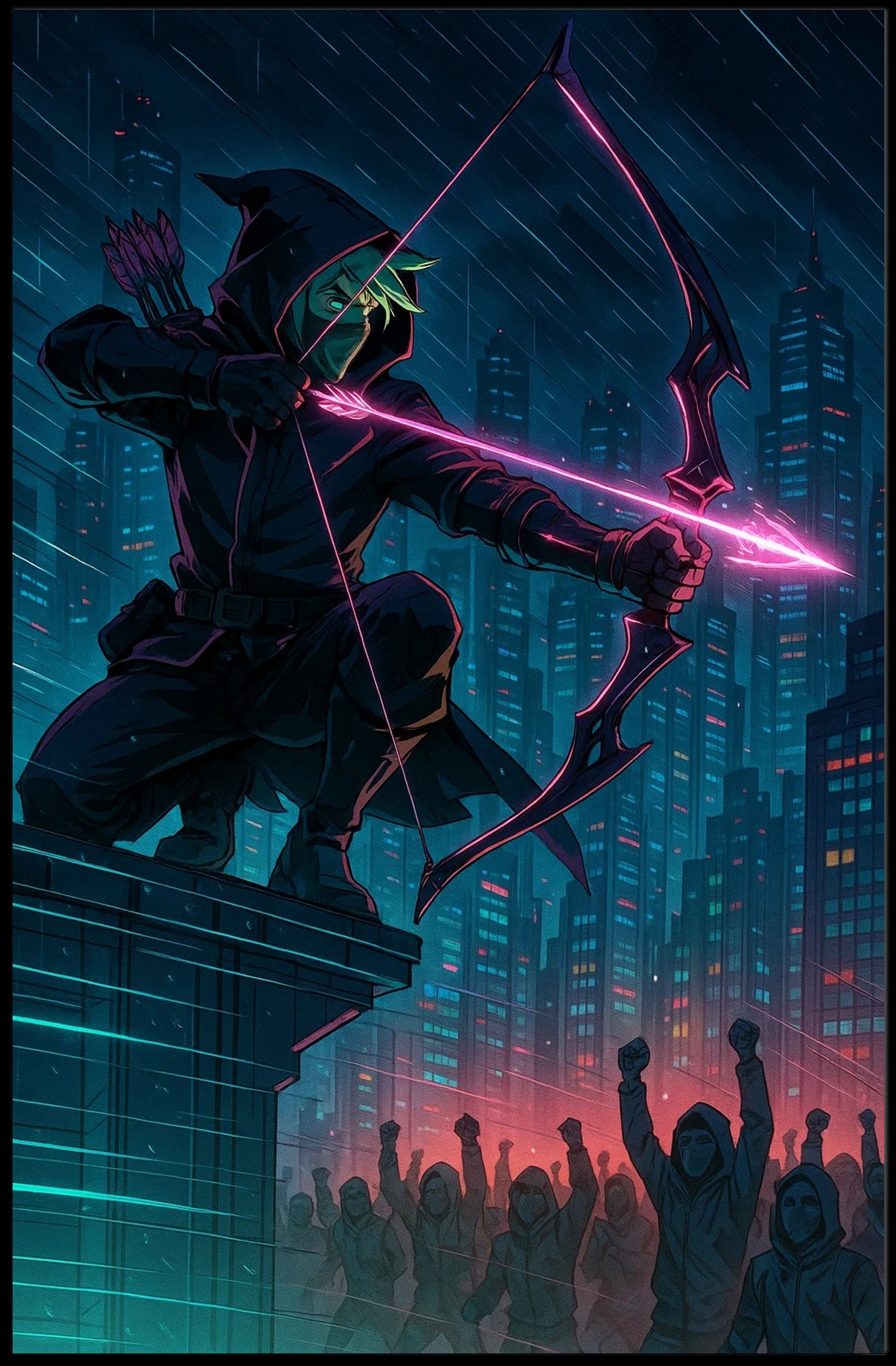 Neon Vigilante in Cyberpunk City Futuristic Sci-Fi Poster