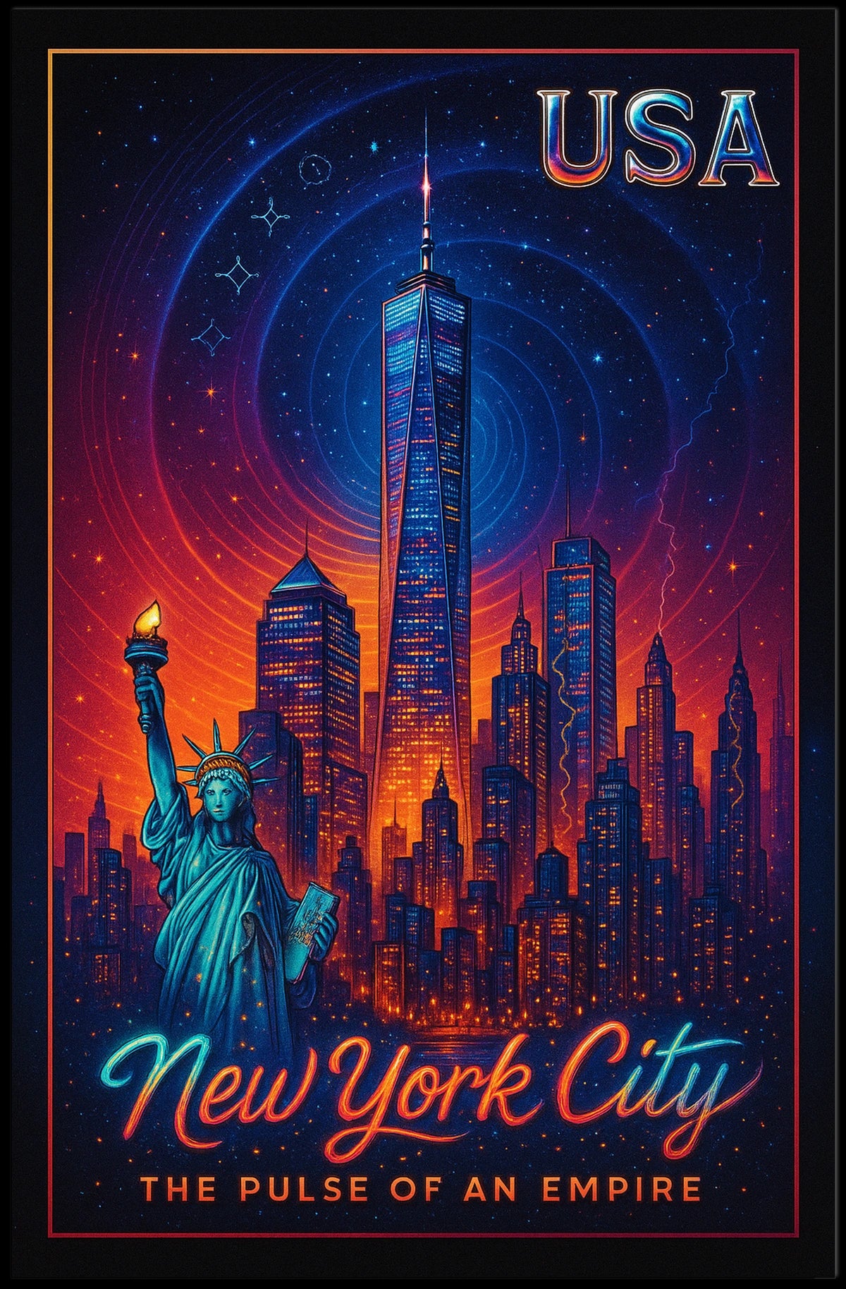 New York City Skyline Neon Night Poster Retro Wall Art