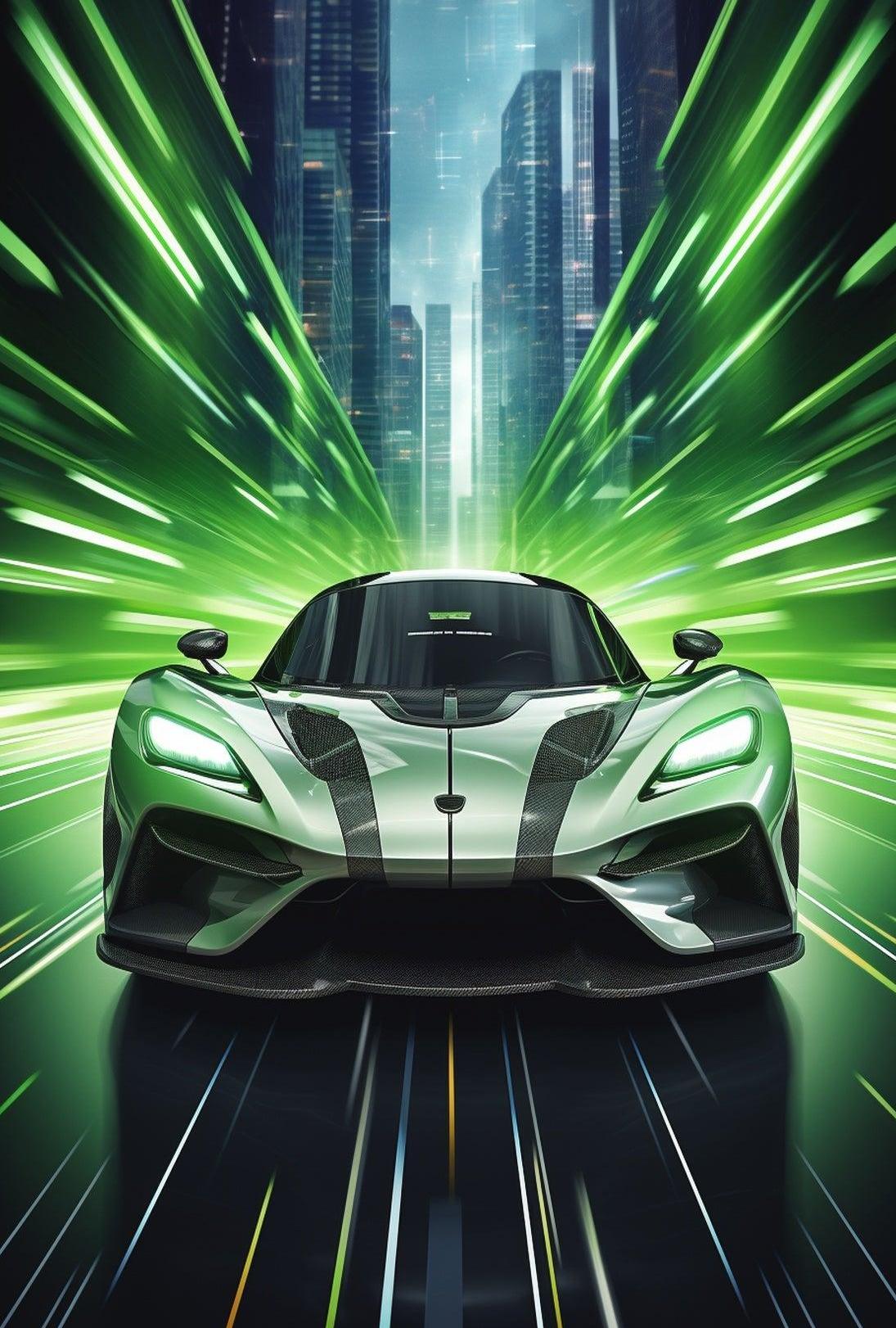Futuristic Sports Car in Urban Cityscape Futuristic Sci-Fi Poster