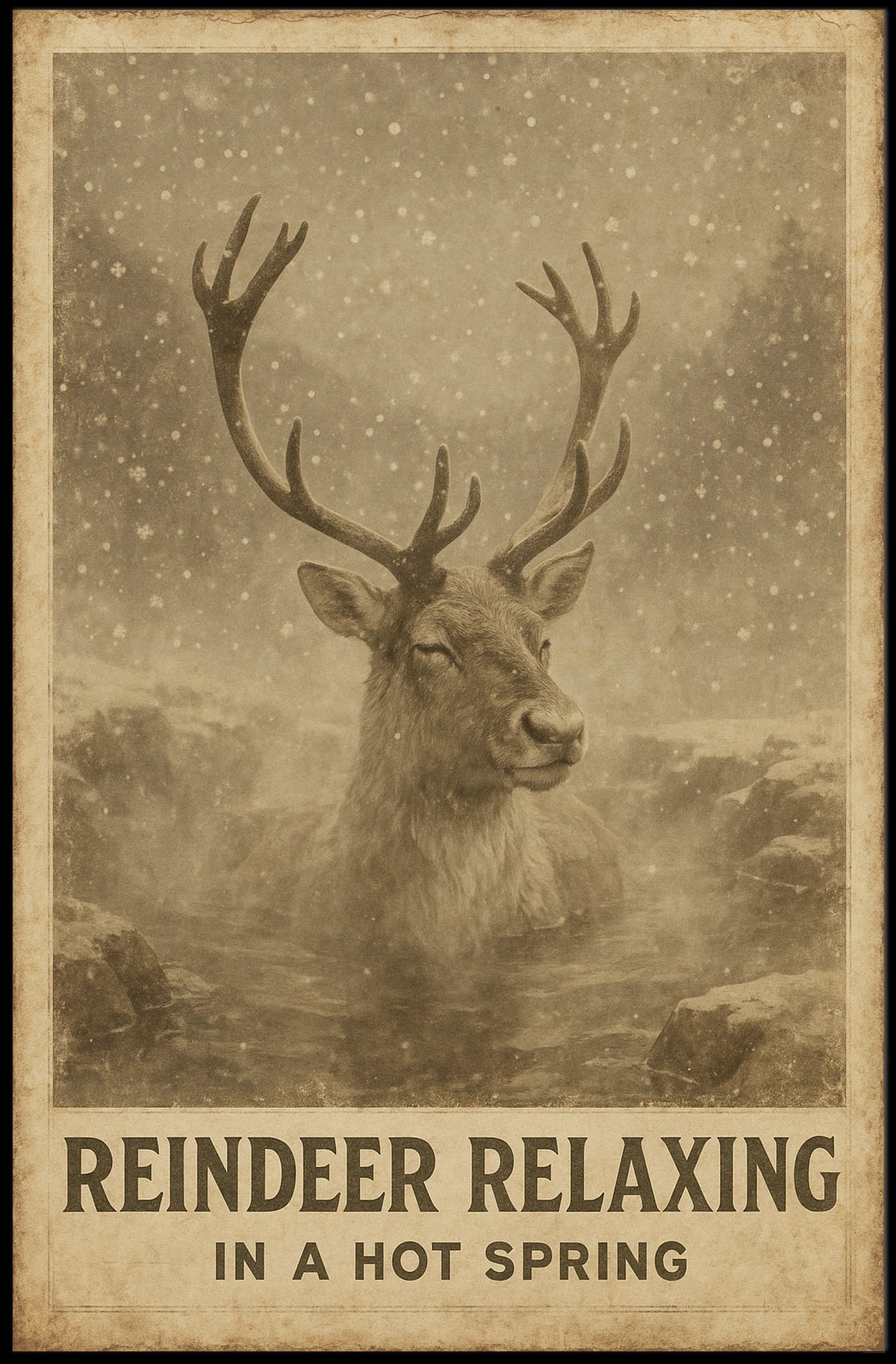 Reindeer Enjoying Hot Spring Vintage Animal Poster