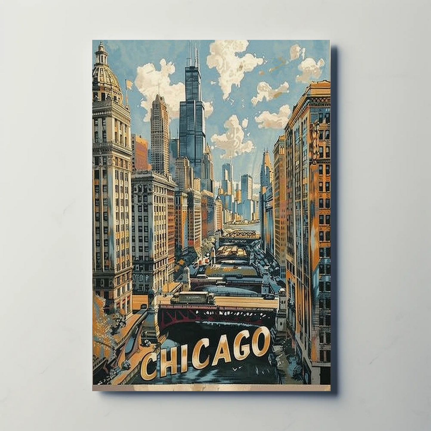 Chicago Skyline River Train Architecture Cityscape Travel Poster