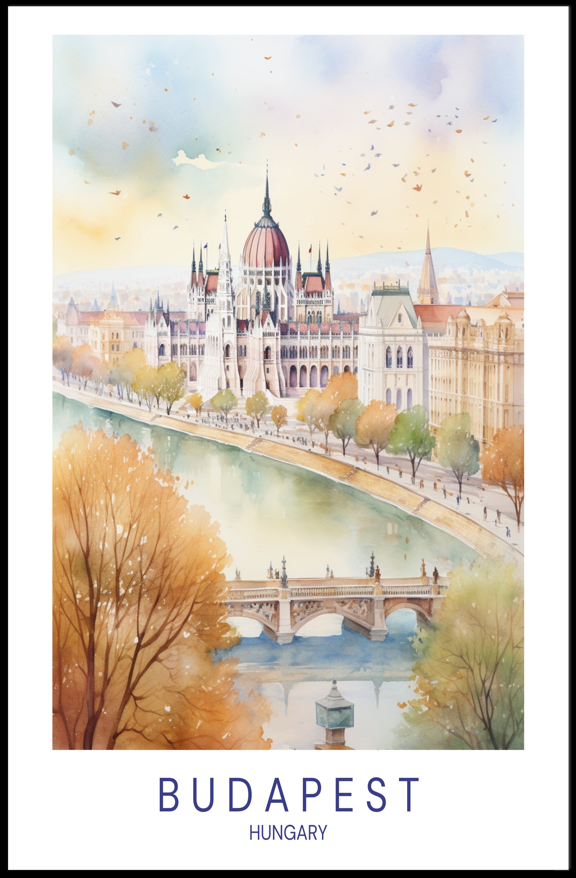 Budapest Hungary Autumn Watercolor Art Urban or Cityscape Poster PosterGoat