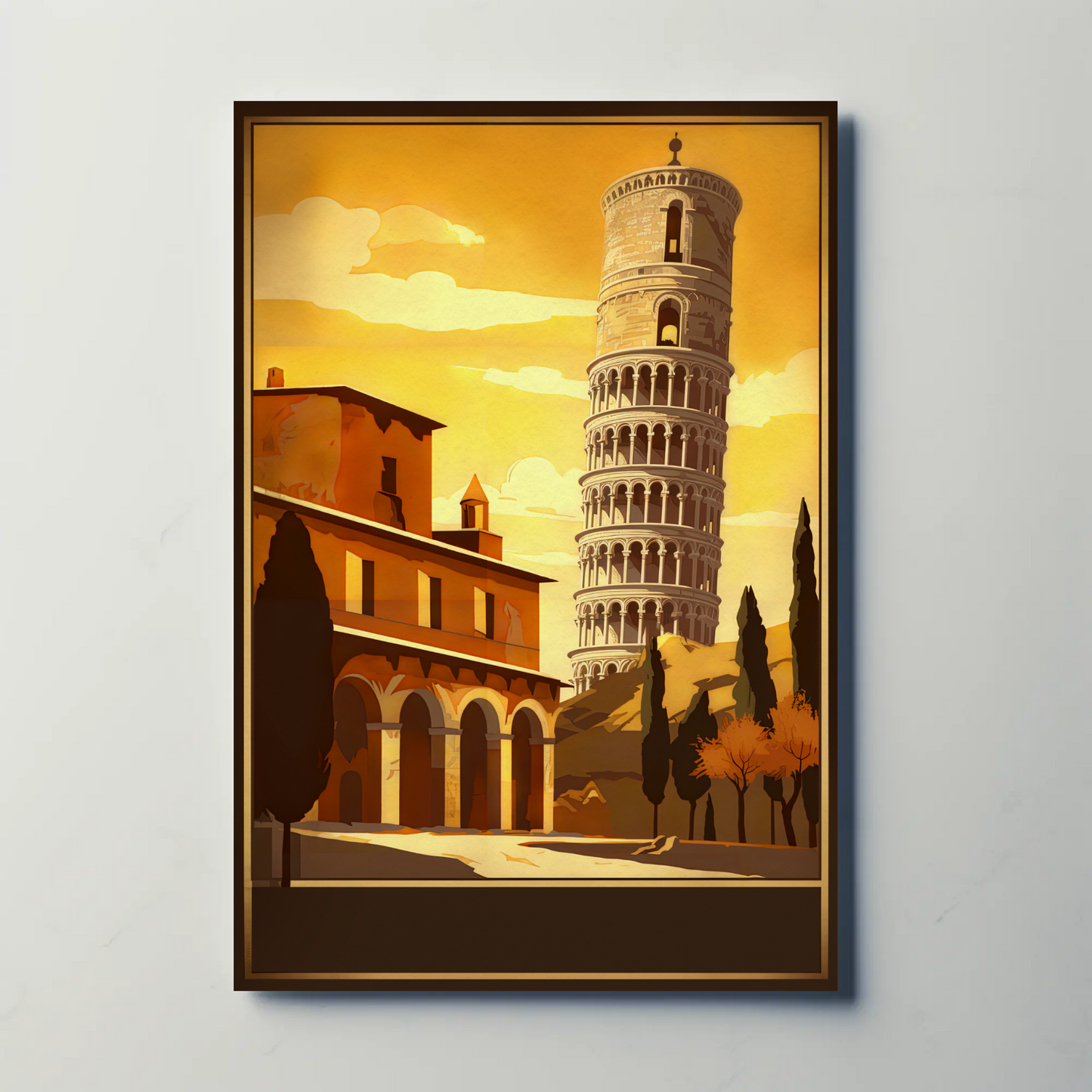 Italy Pisa Leaning Tower Sunset Sky Vintage Travel Poster