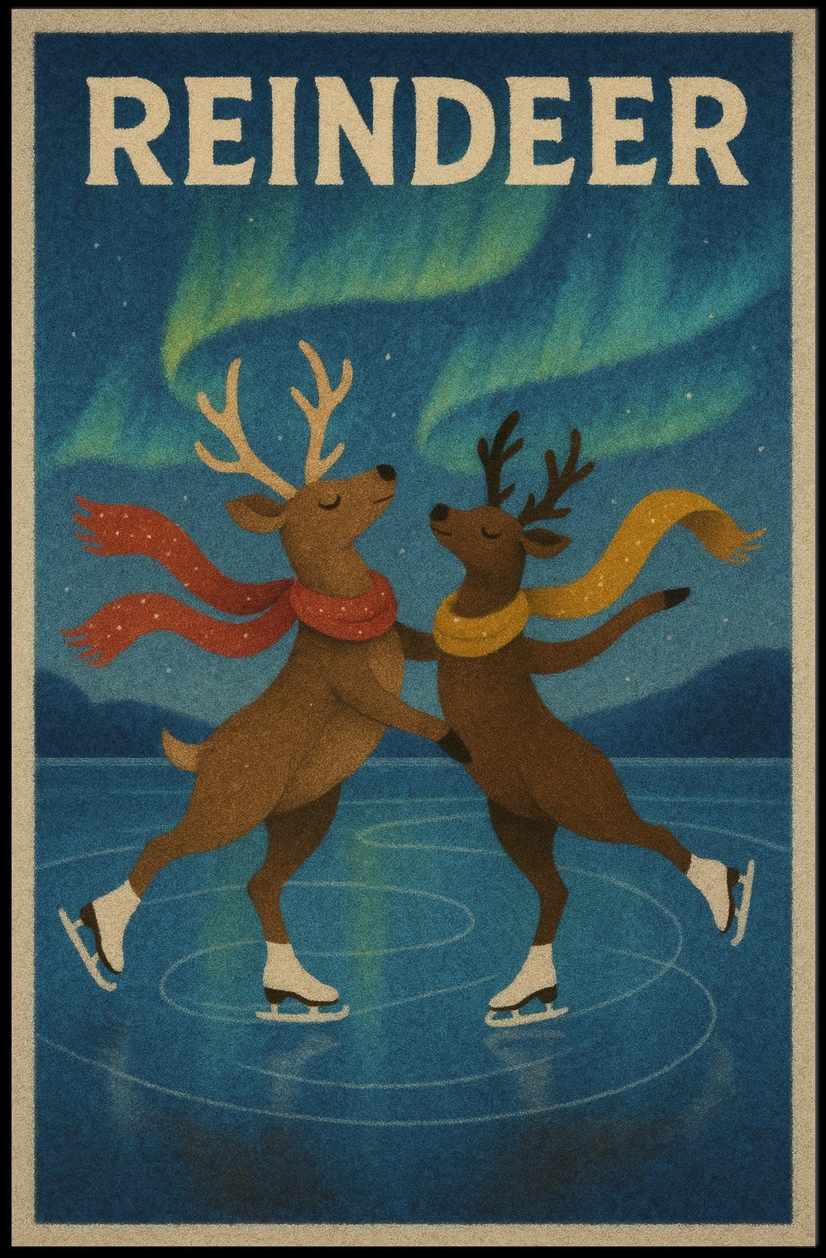 Whimsical Reindeer Ice Skating Under Northern Lights Animal Poster