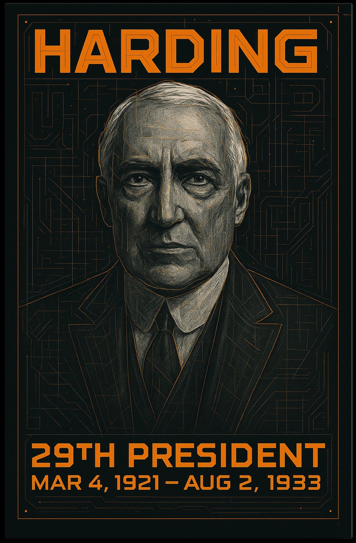 Warren G. Harding 29th President of the United States Techno Schematic Poster