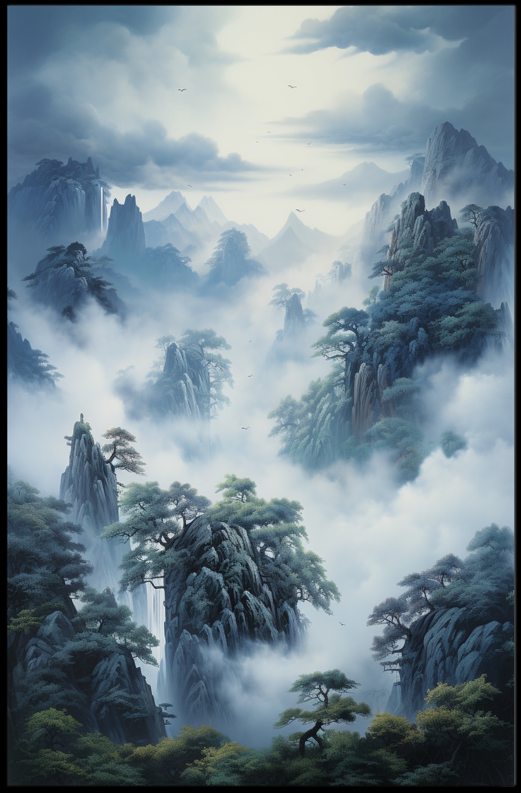 Misty Mountain Tranquility: East Asian Artistic Poster