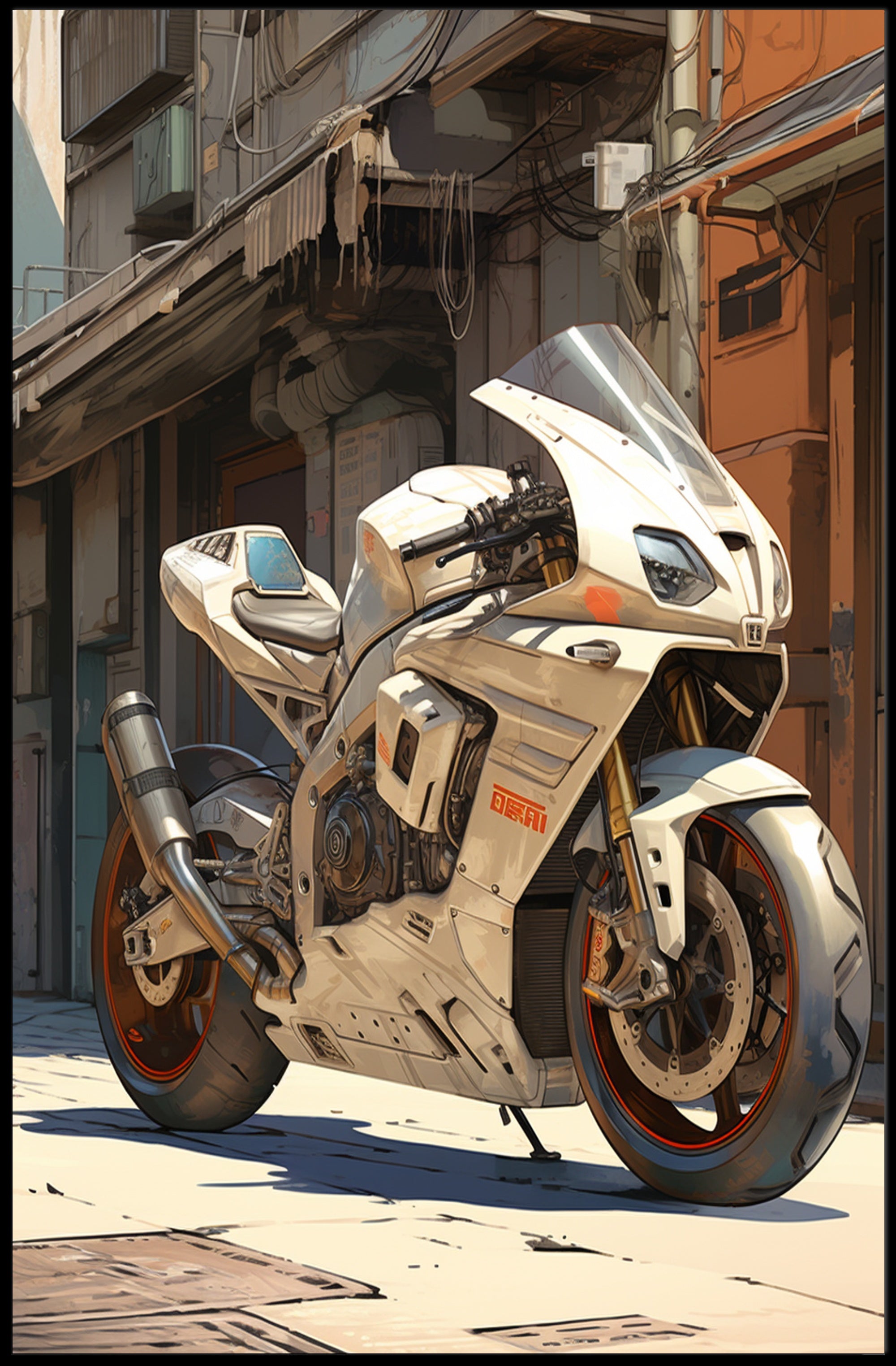 Futuristic Motorcycle In Urban Alley Poster PosterGoat