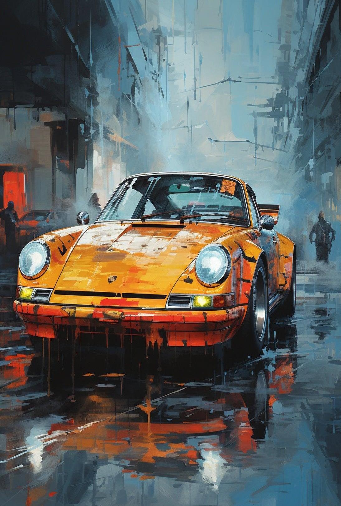 Vintage Sports Car on Rainy Street: Artistic Poster