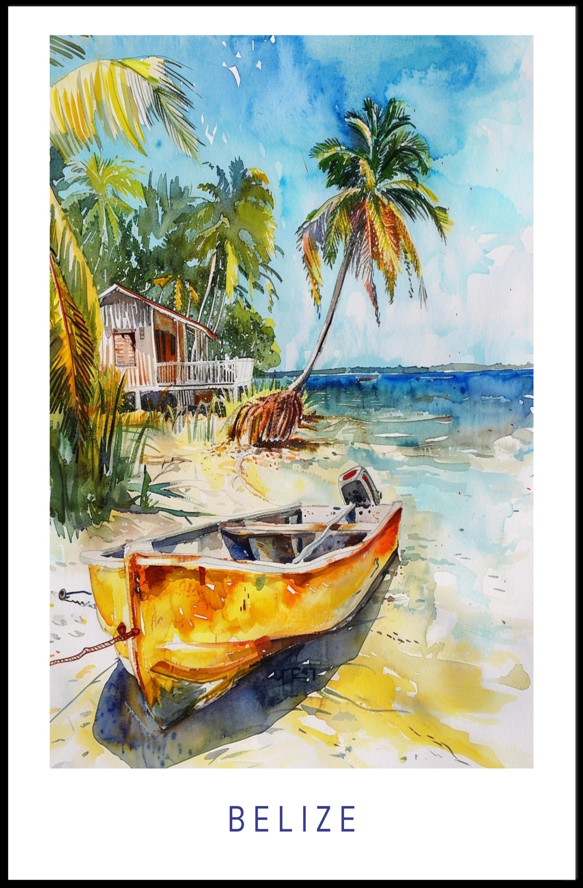 Serene Belize Beach Scene Watercolor Travel Poster PosterGoat