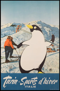 Winter Sports Fun Poster with Playful Penguin: Travel Poster PosterGoat