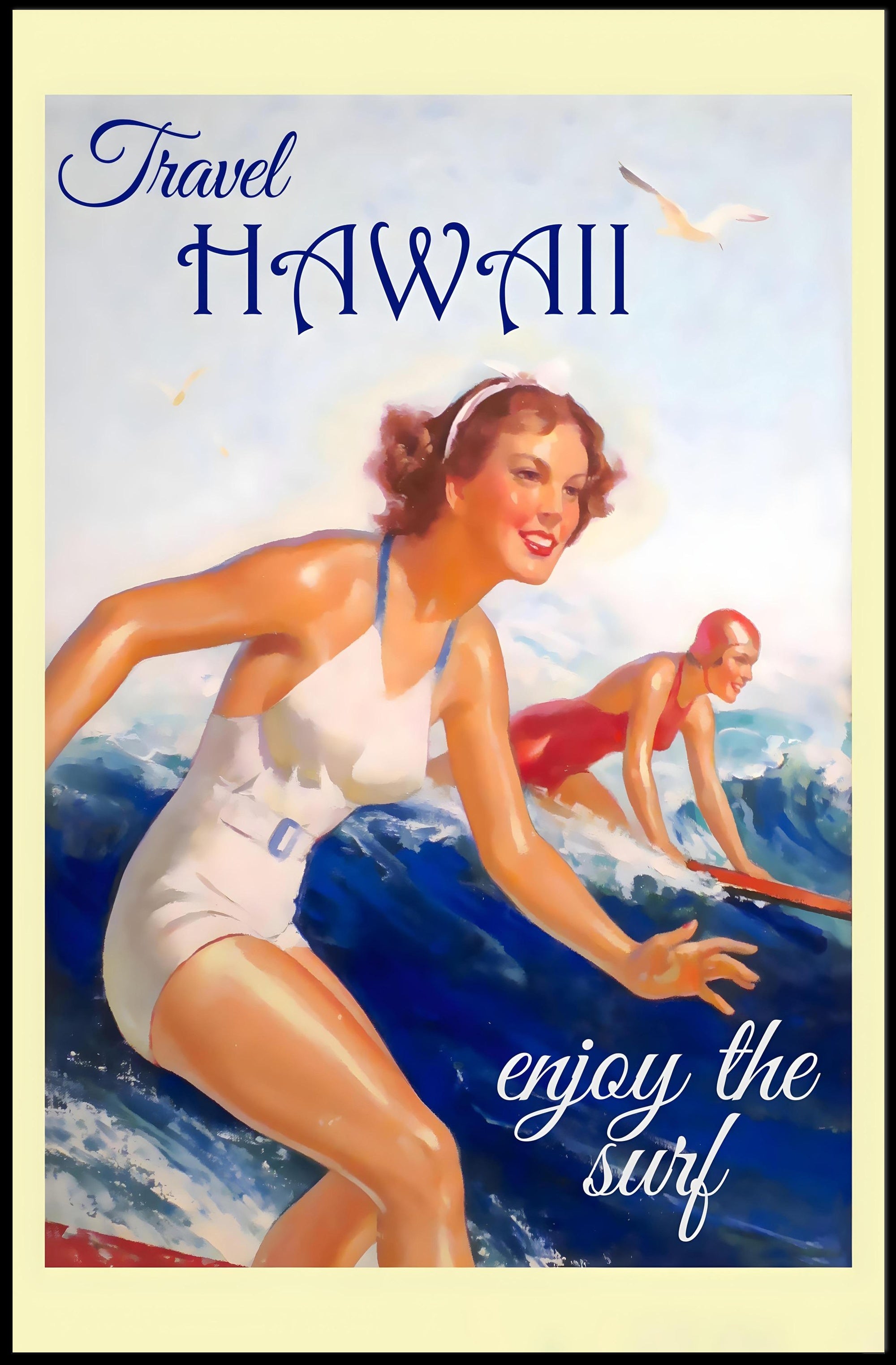 Hawaii Vintage Surfing Travel Artwork from the 1950s Travel Poster