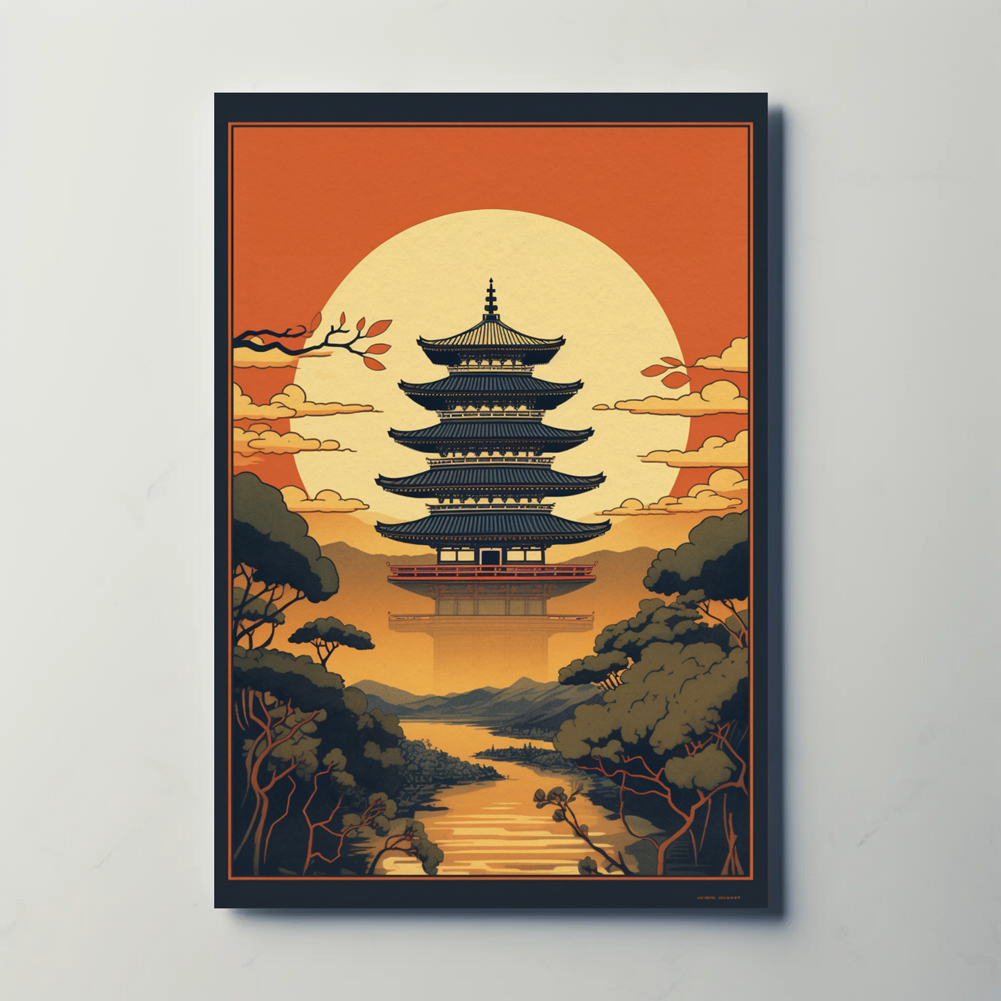 Japanese Temple Sunset Silhouette Travel Poster