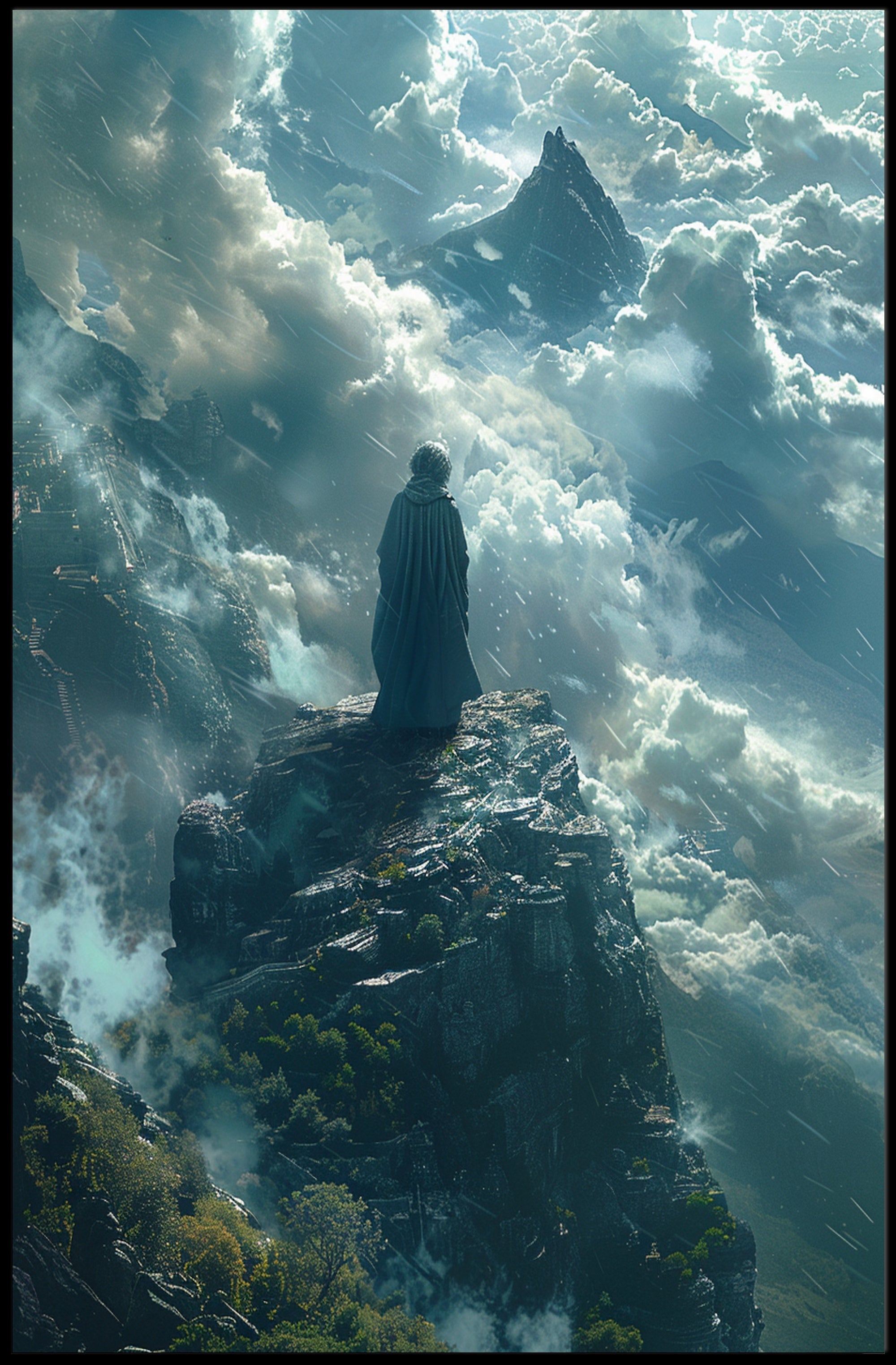 Ethereal Figure Amidst Mystical Peaks Fantasy or Mythology Poster PosterGoat