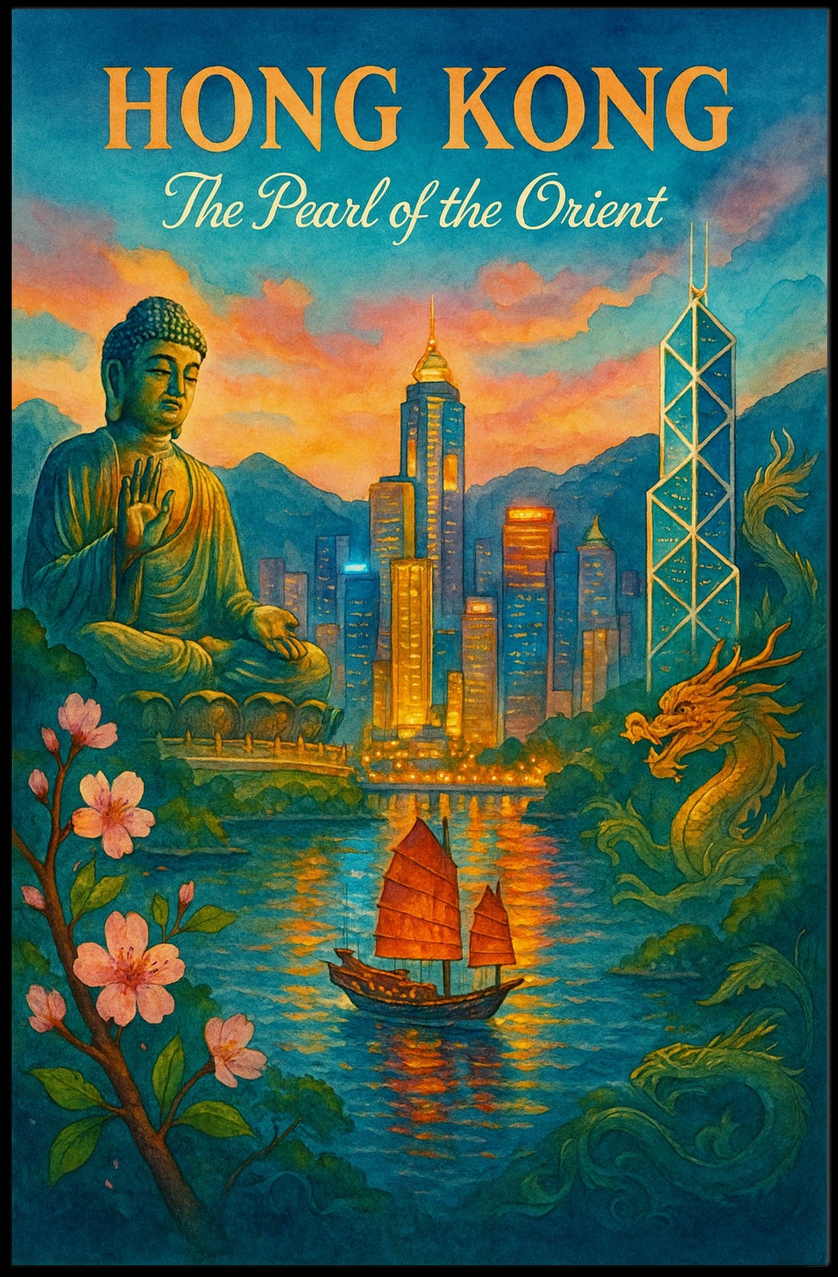 HONG KONG Cultural Fusion Vintage Art Poster