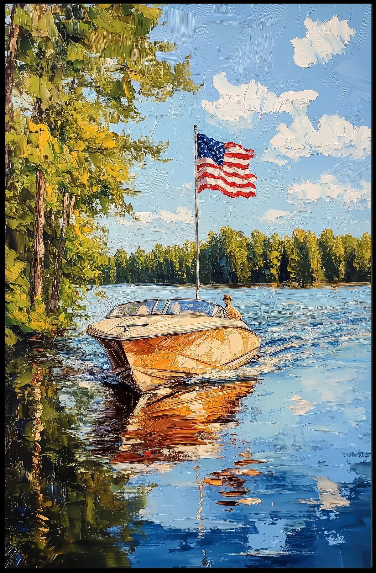 Boat On A Calm Lake With American Flag Scenic Poster