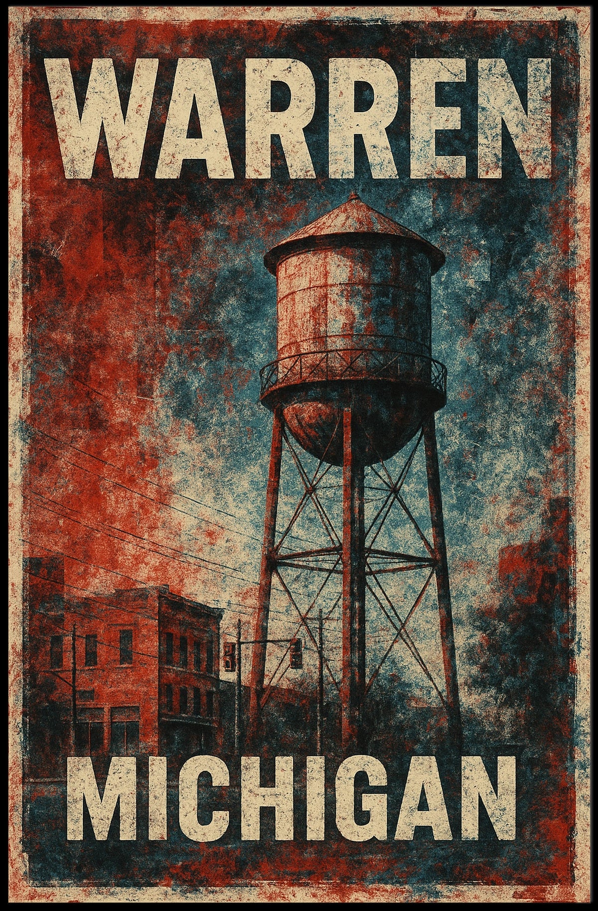 Warren Michigan Vintage Water Tower Steampunk Folk Poster