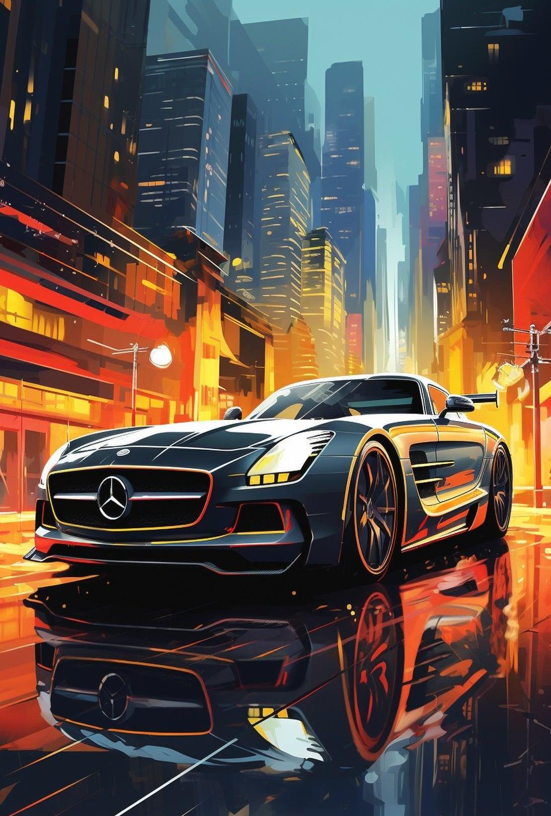 Futuristic Sports Car in Vibrant Cityscape - Futuristic Sci-Fi Poster