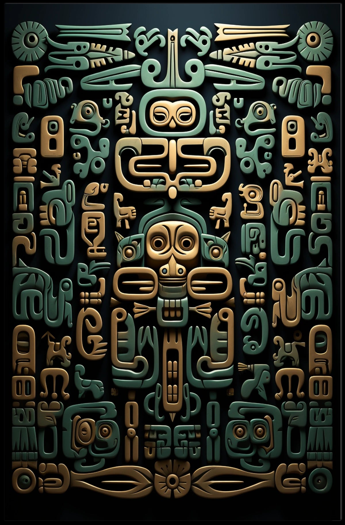 The poster features an intricate design reminiscent of Mesoamerican art, likely inspired by Travel Poster