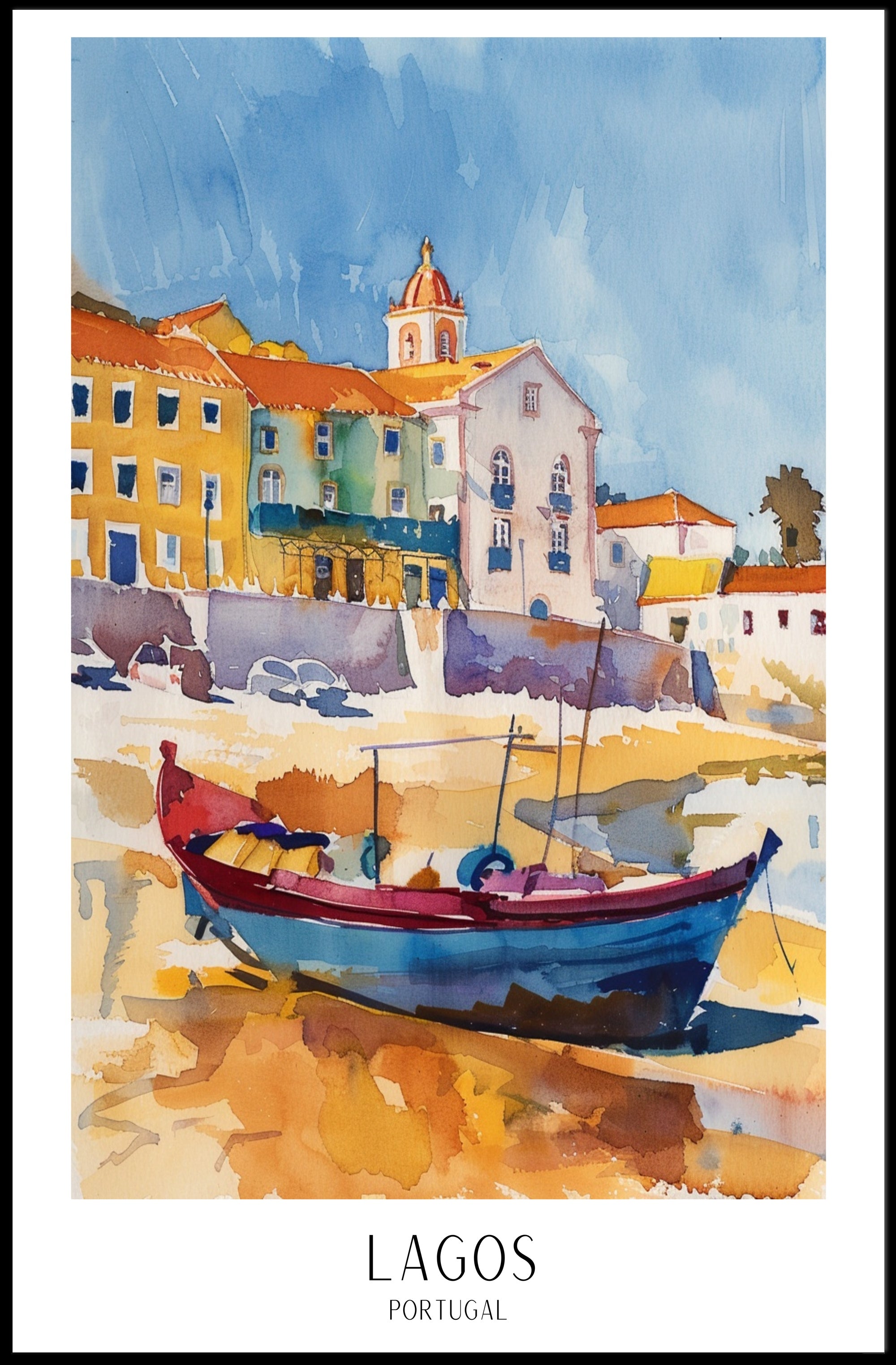 Vibrant Watercolor Coastal Scene Travel Poster PosterGoat