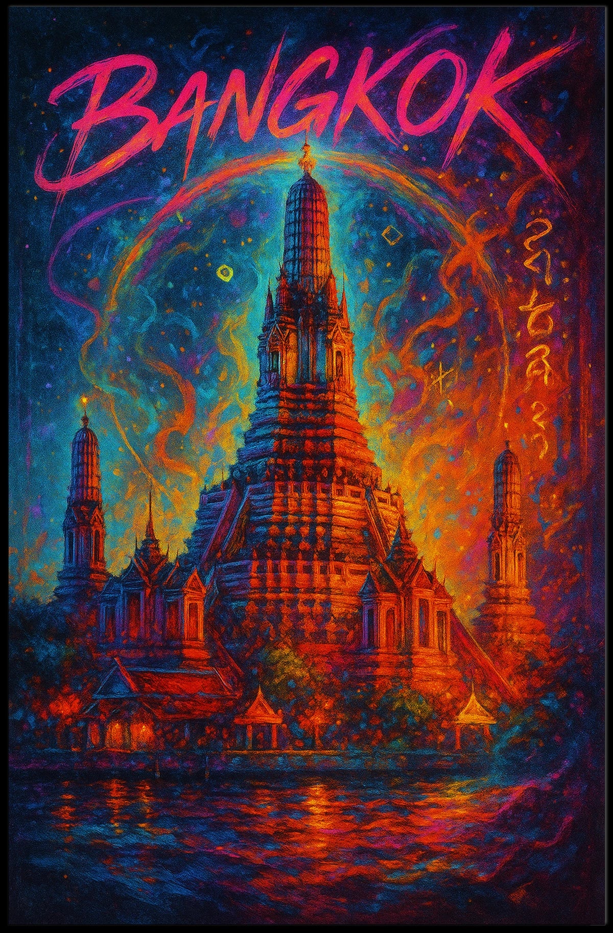 This vibrant poster art depicts an iconic temple in Bangkok, Thailand, likely the Travel Poster