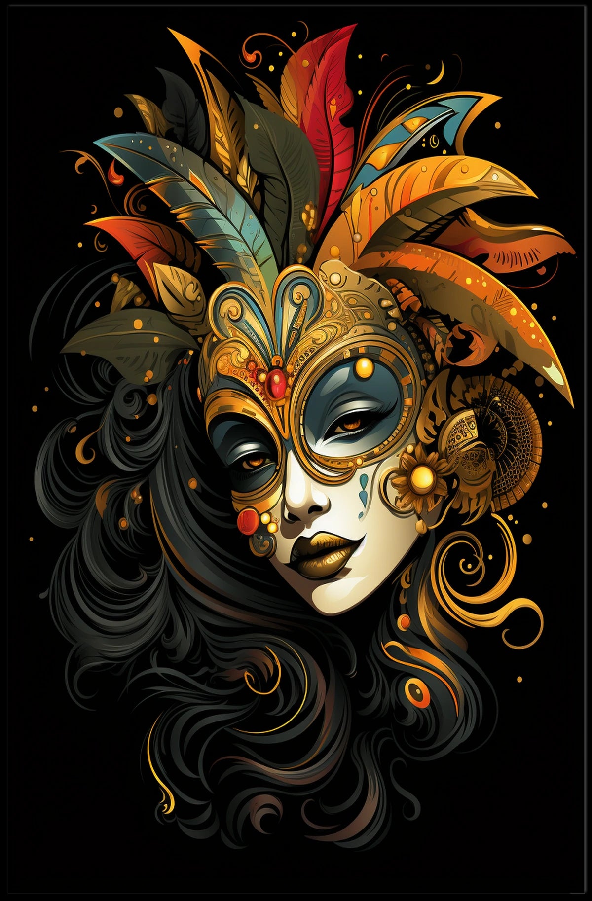 Masquerade Mystery Surrealism Vibrant Feathers Poster