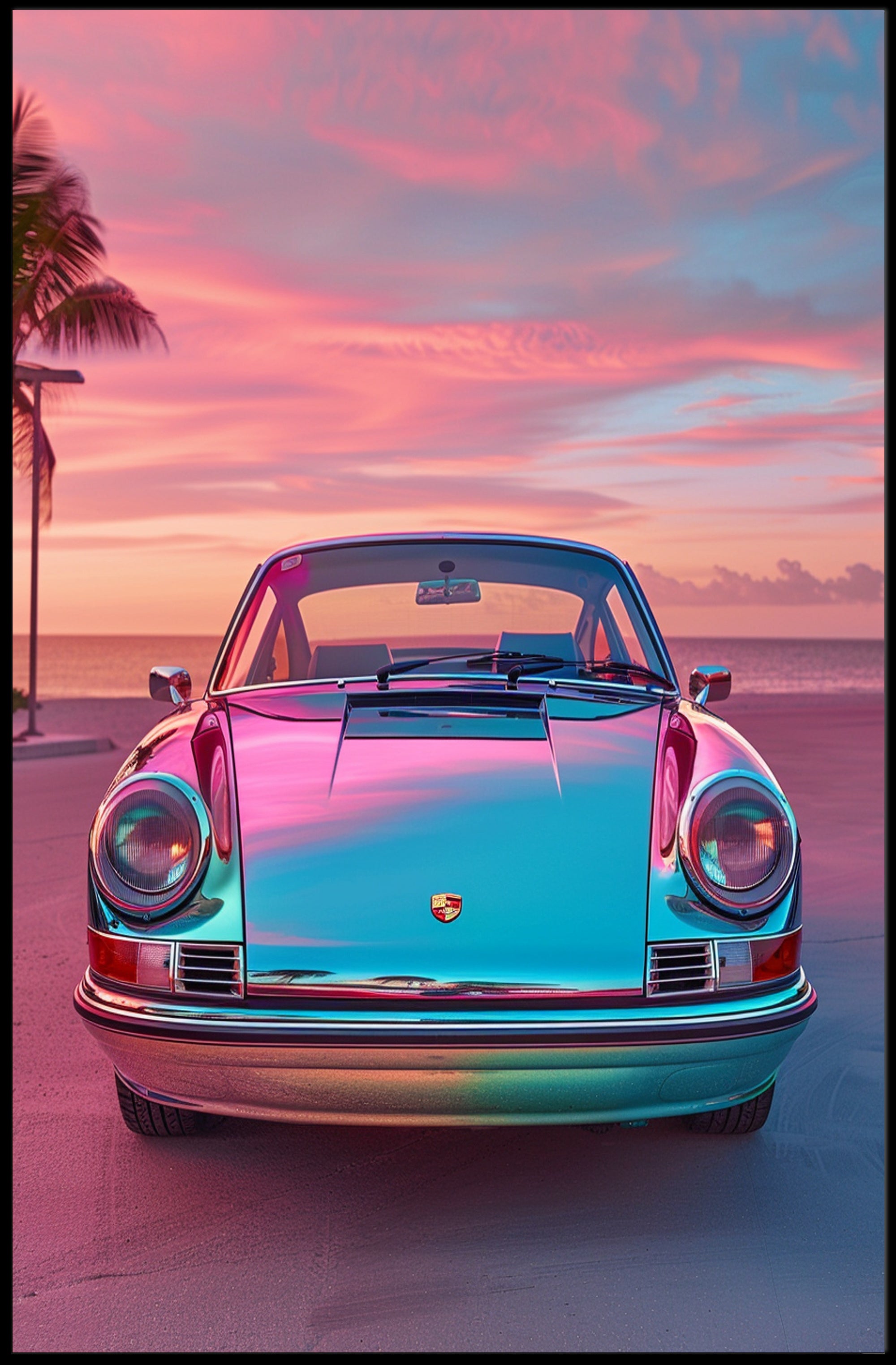Vintage Car at Sunset Art Print Poster PosterGoat