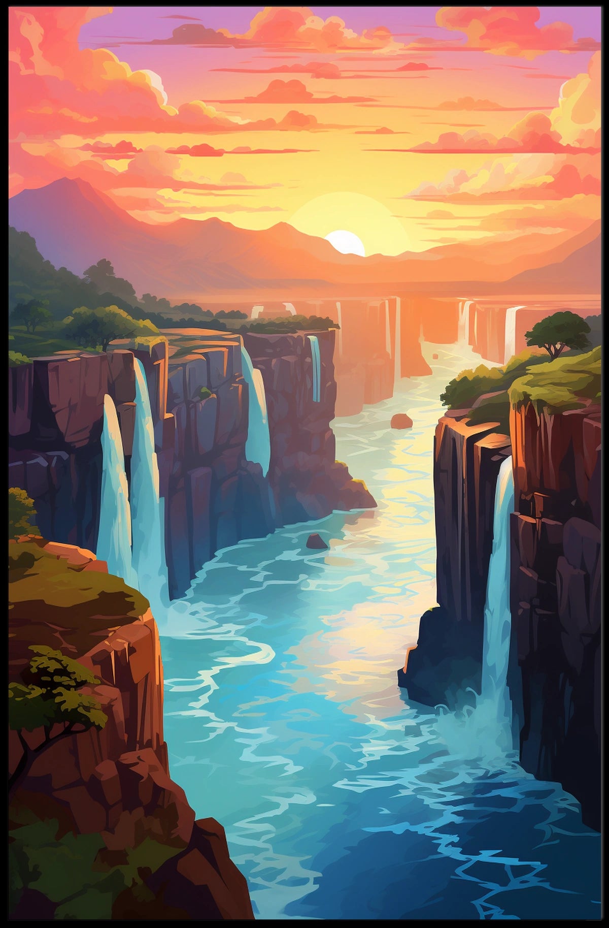 Majestic Waterfalls At Sunset Poster