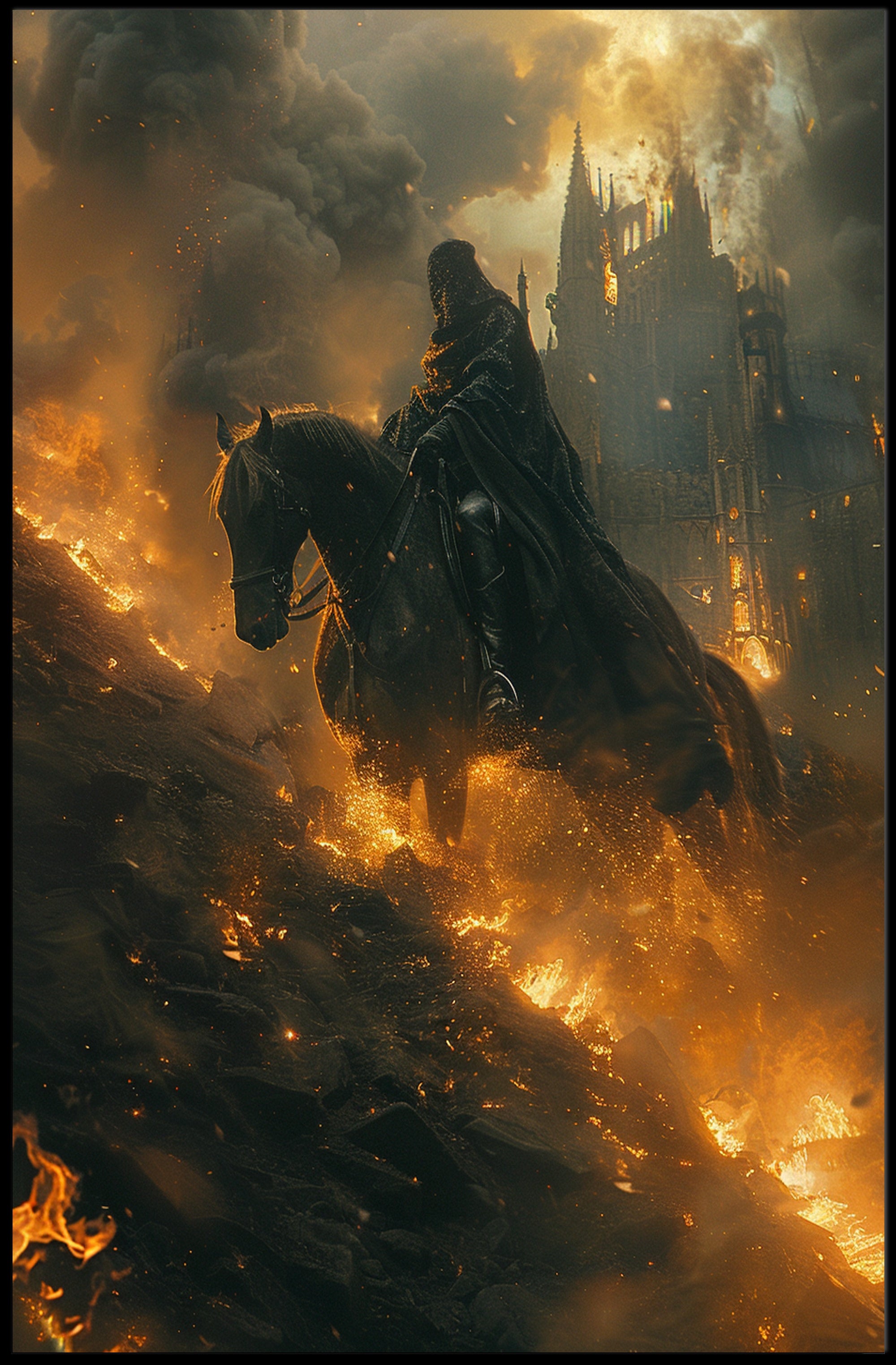 Dark Rider in Fiery Realm Fantasy or Mythology Poster PosterGoat