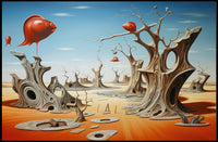 Surreal Desert Dreamscape With Whimsical Fish Objects - Artistic Poster