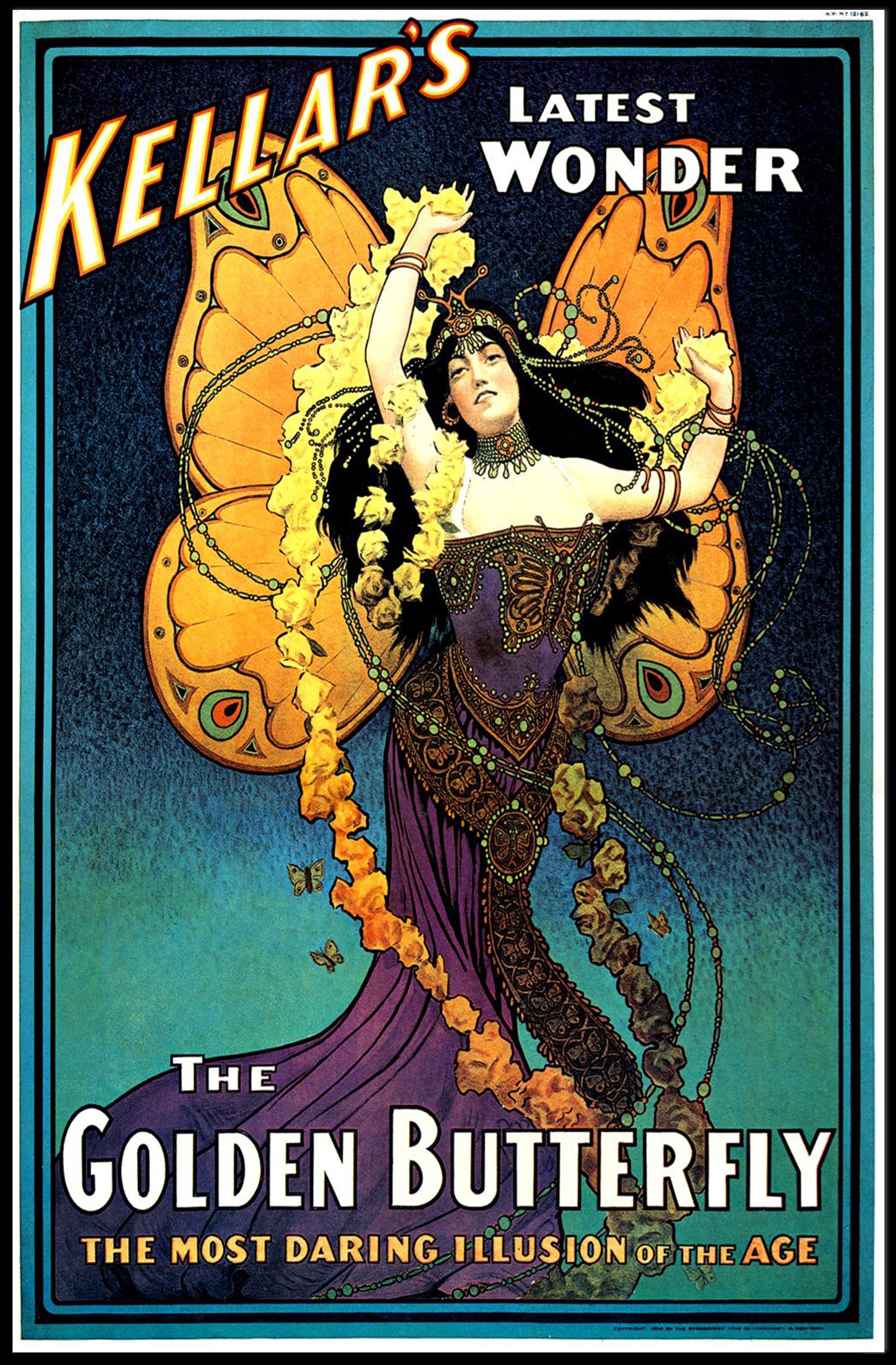 Kellar's Golden Butterfly Vintage Theatrical Poster showcases enchanting vintage theater art, perfect for collectors.
