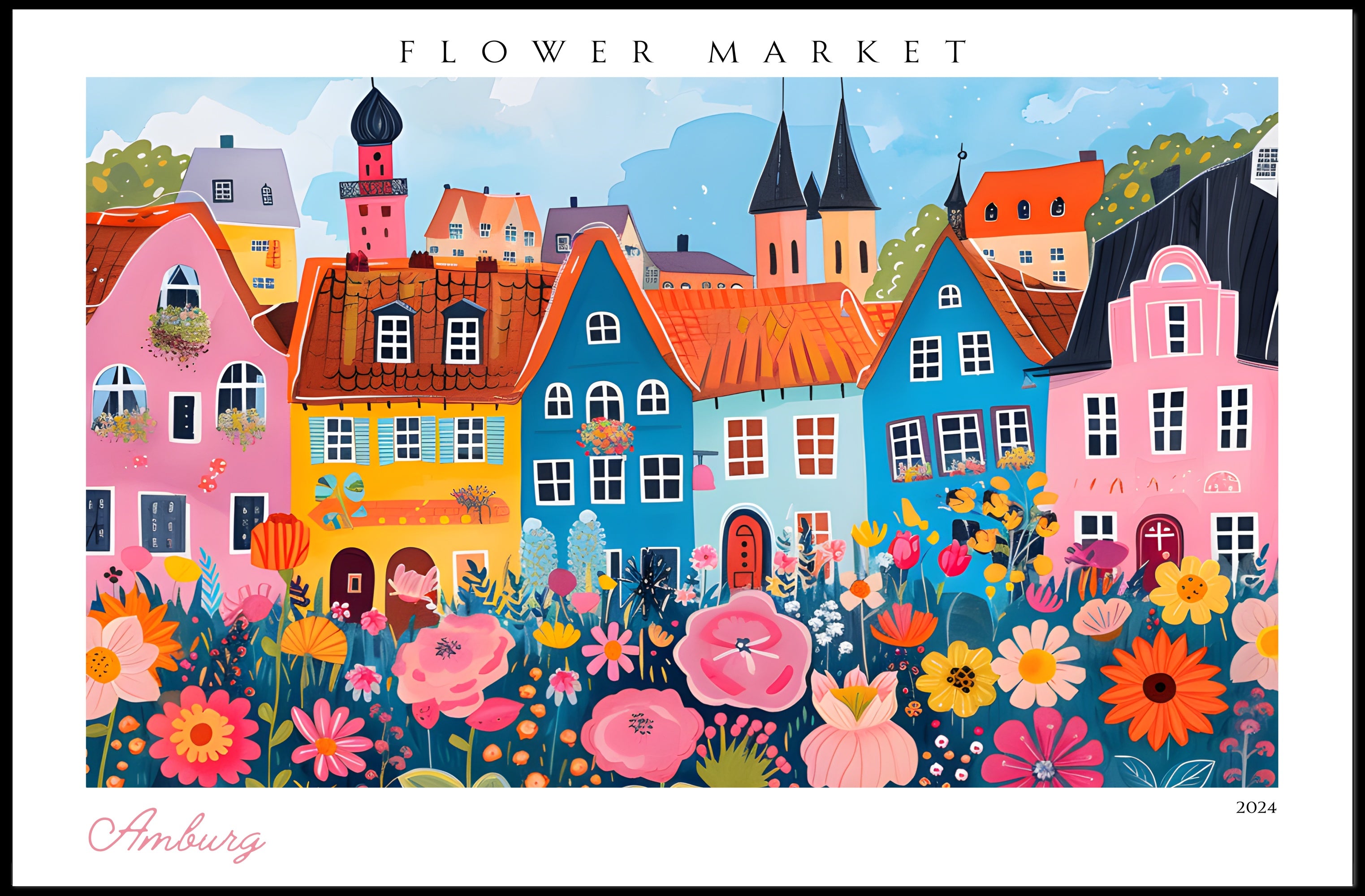 Colorful Flower Market Scene Poster PosterGoat