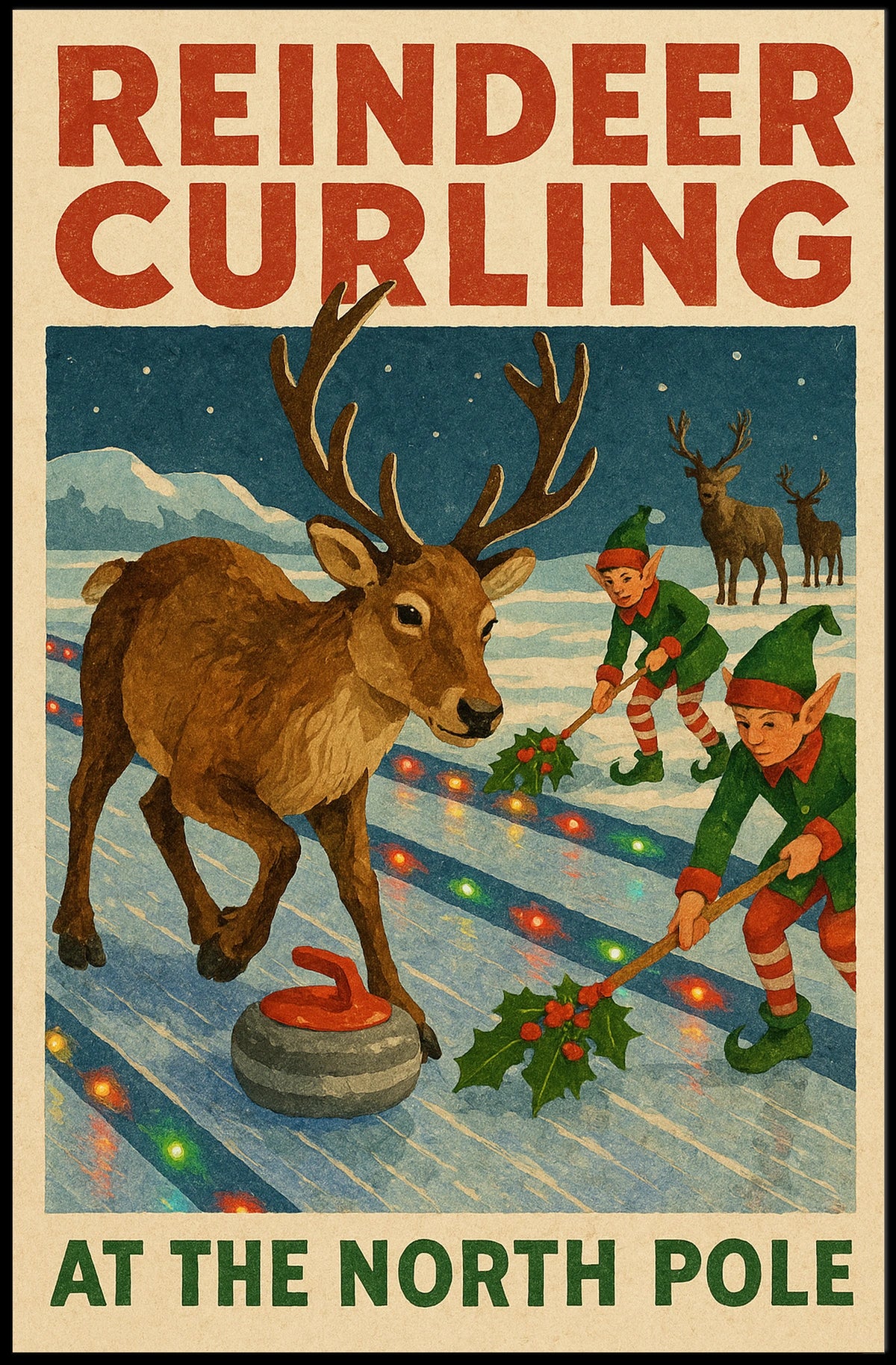 Reindeer Curling at the North Pole Poster
