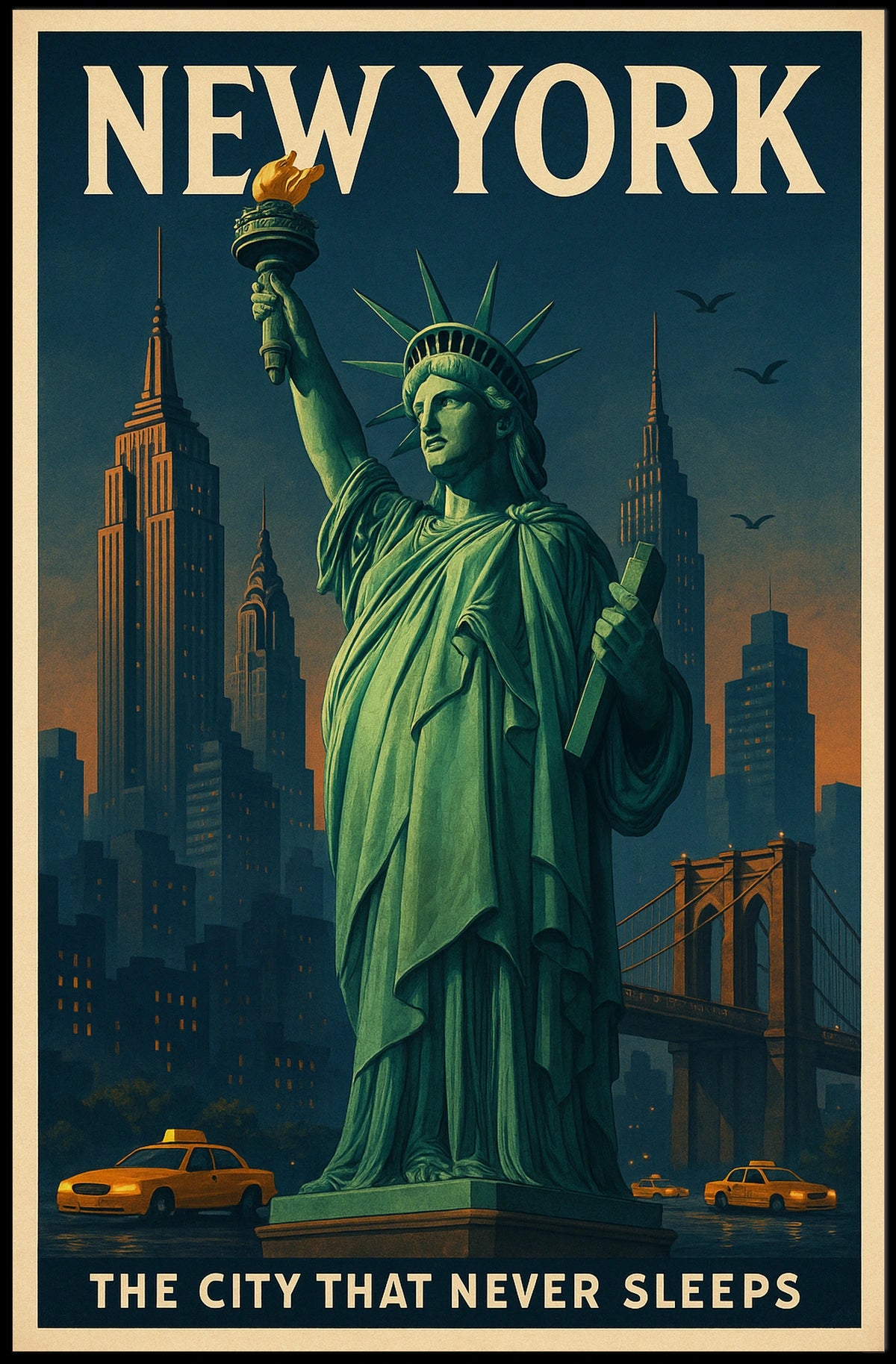 New York City Skyline And Landmarks Poster Vintage Wall Art