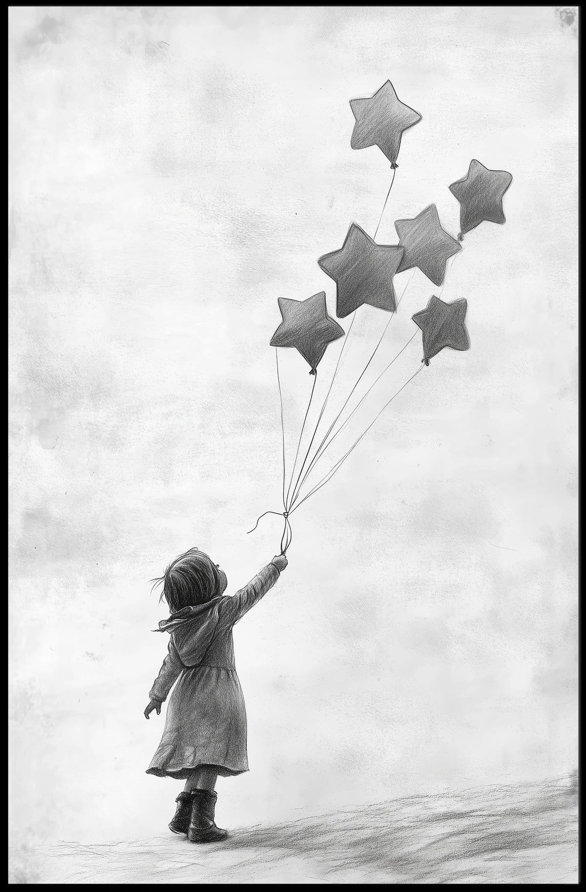 Child Releasing Star Balloons Minimalist Art Sketch Poster