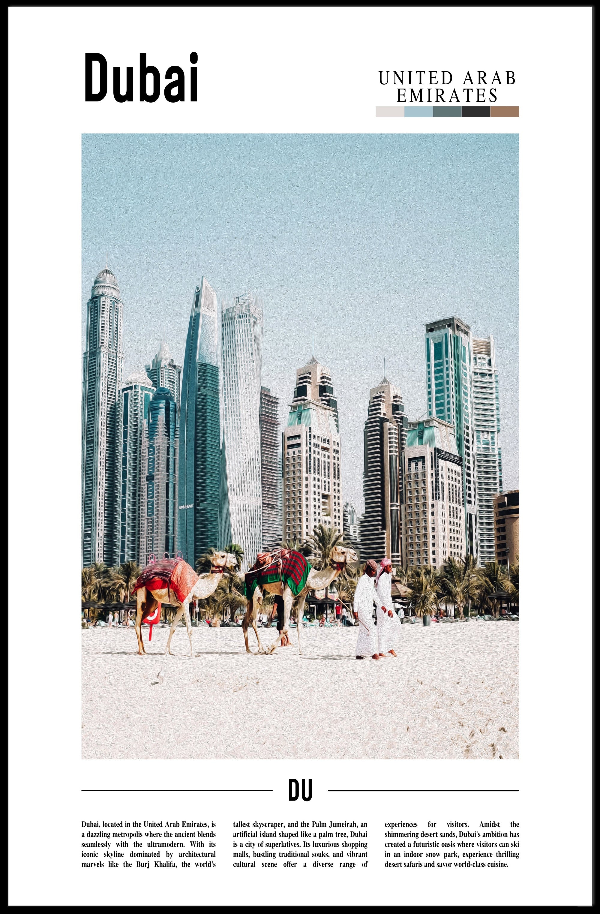 Dubai Skyline and Camels Travel Poster PosterGoat
