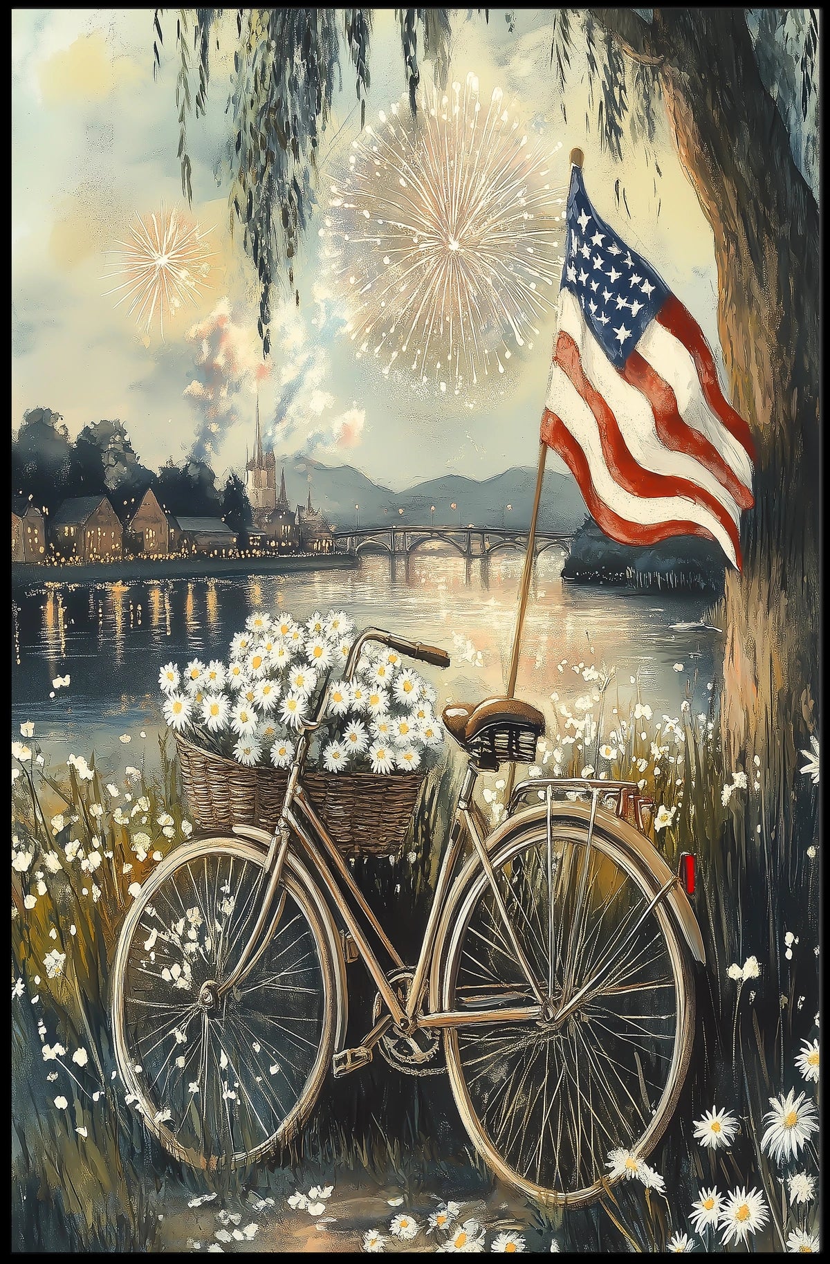 Bicycle With Daisy Basket By Riverside Under Willow Poster