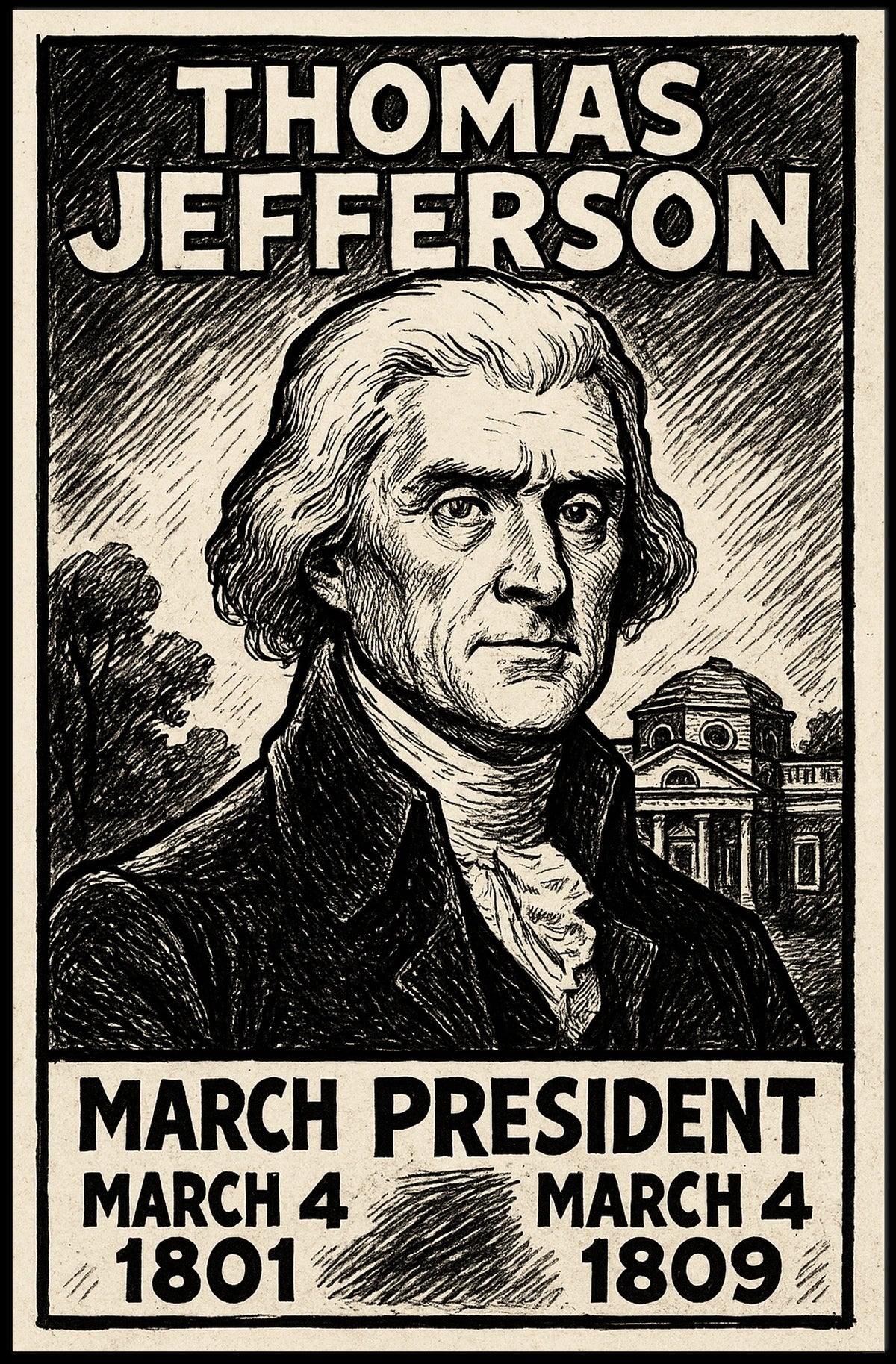 Thomas Jefferson 3rd President of the United States B & W Comic Sketch Poster