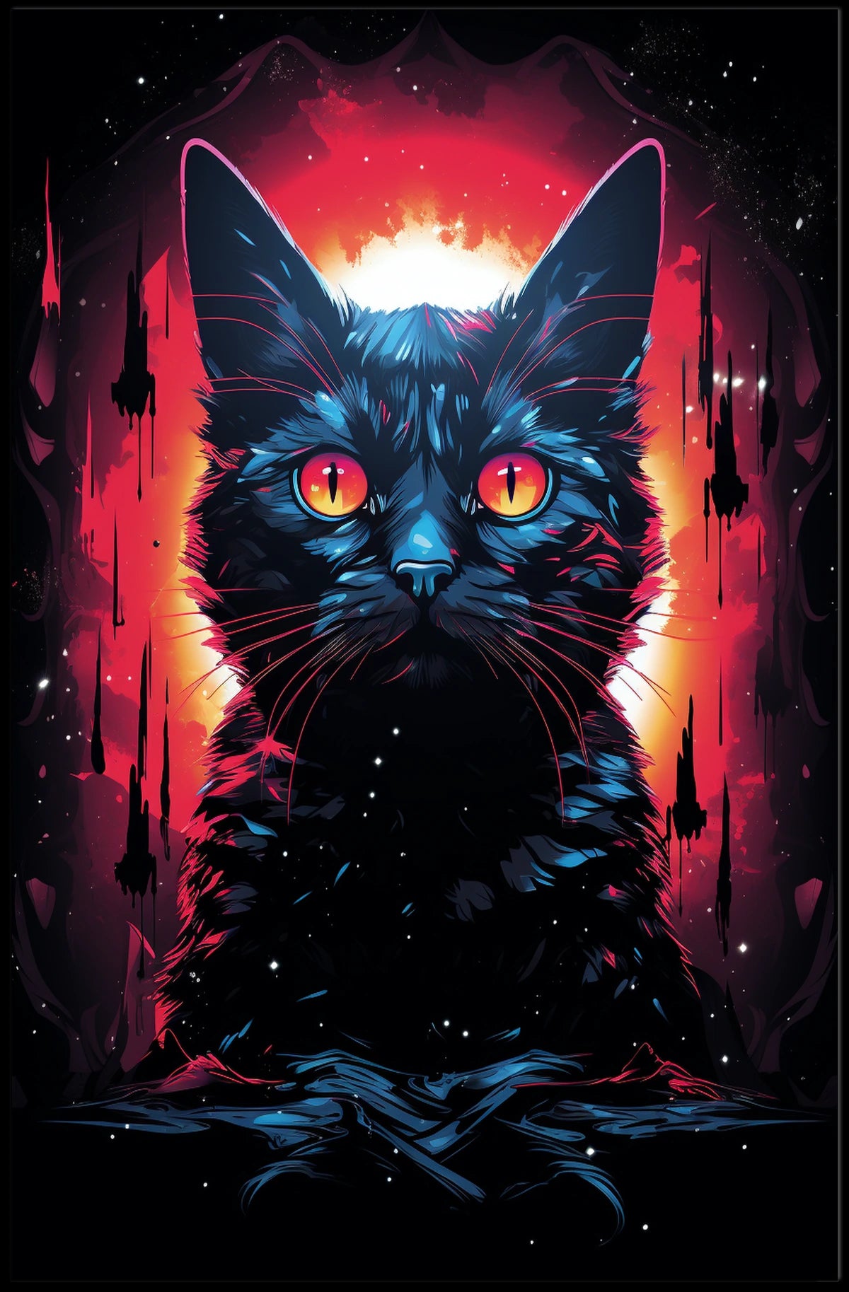 Fiery-Eyed Cosmic Cat Surreal Art Poster