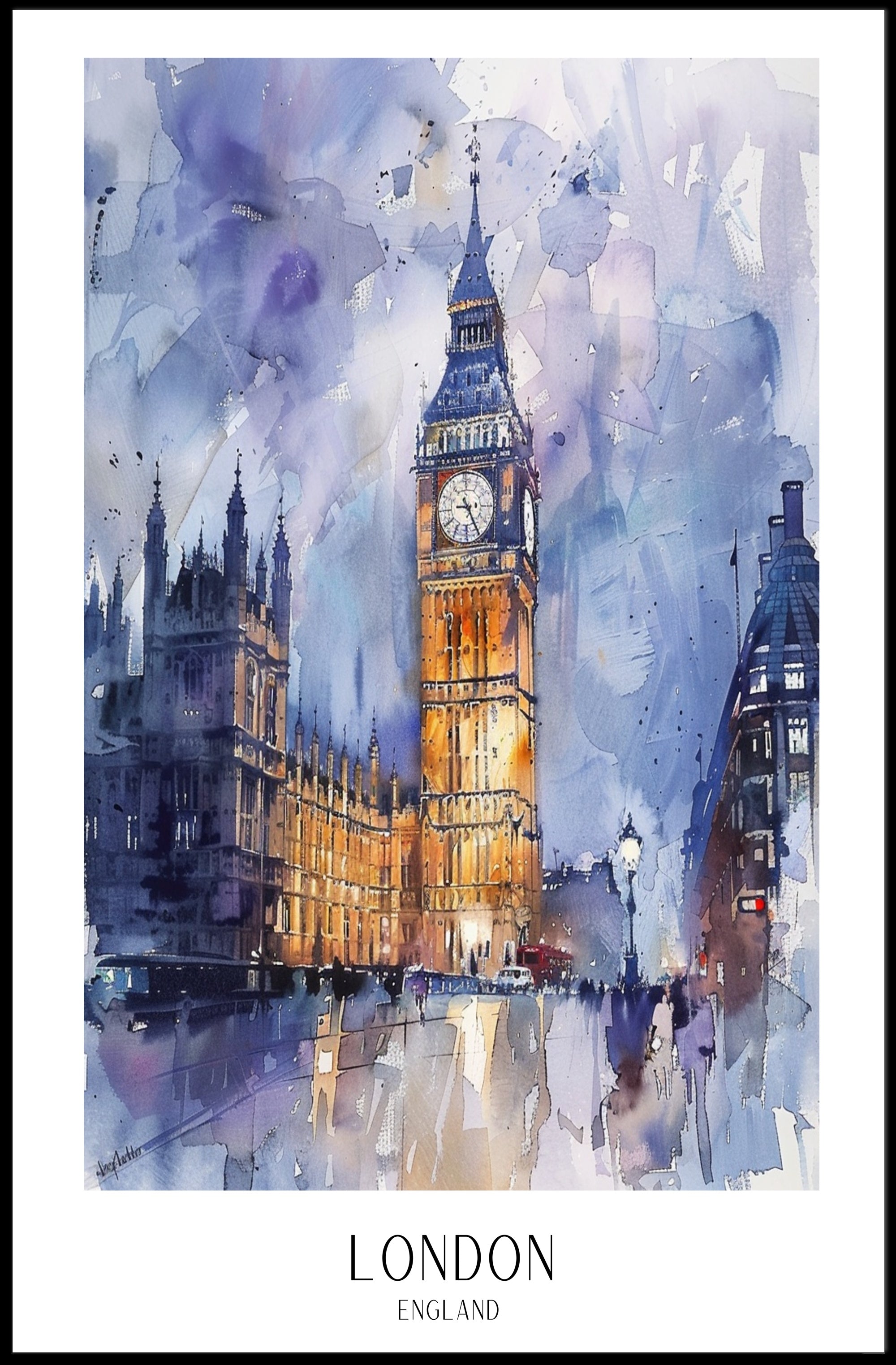 London Watercolor Cityscape: Big Ben & Parliament Travel Poster PosterGoat