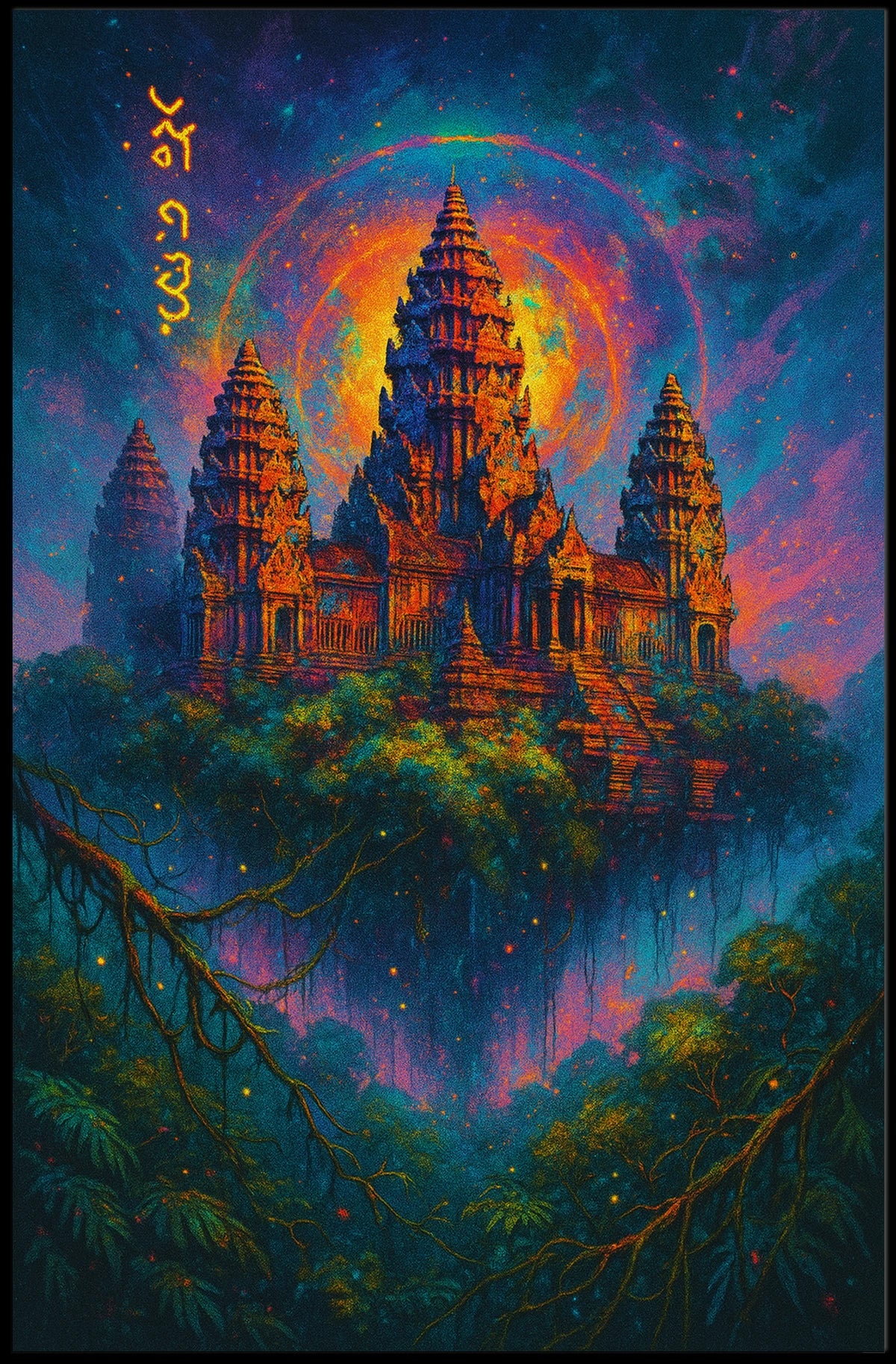 Mystical Temple Fantasy Poster: Enchanted Celestial Landscape