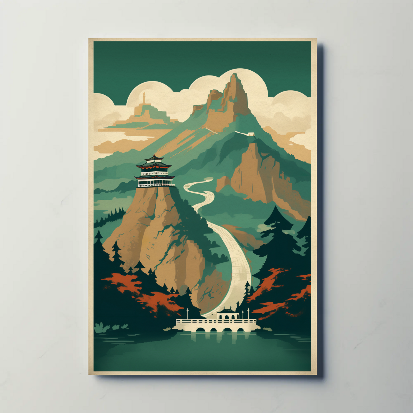 Chinese Mountain Temple Path Scenic View Travel Poster