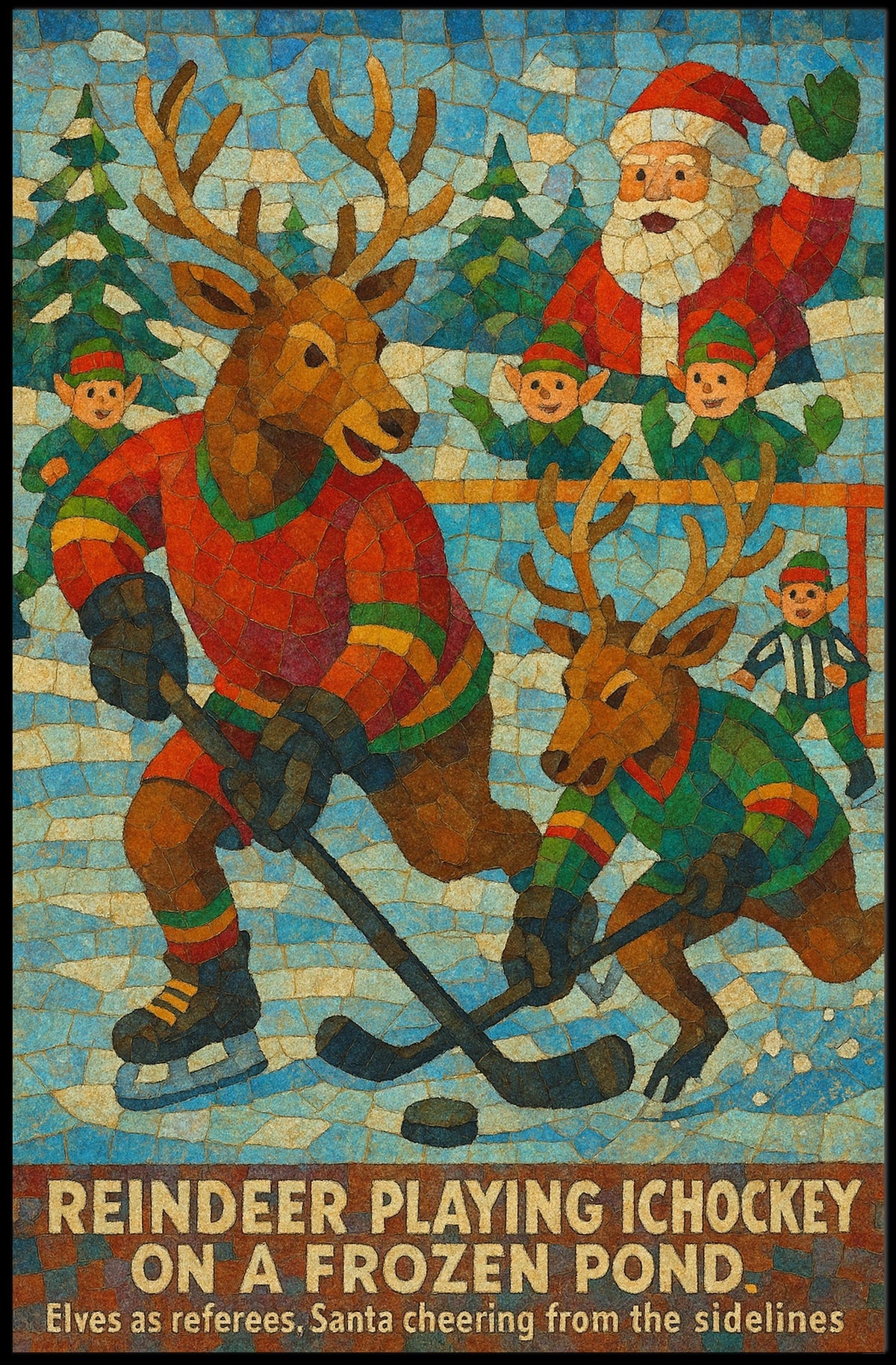 Whimsical Reindeer Ice Hockey Christmas Art Poster