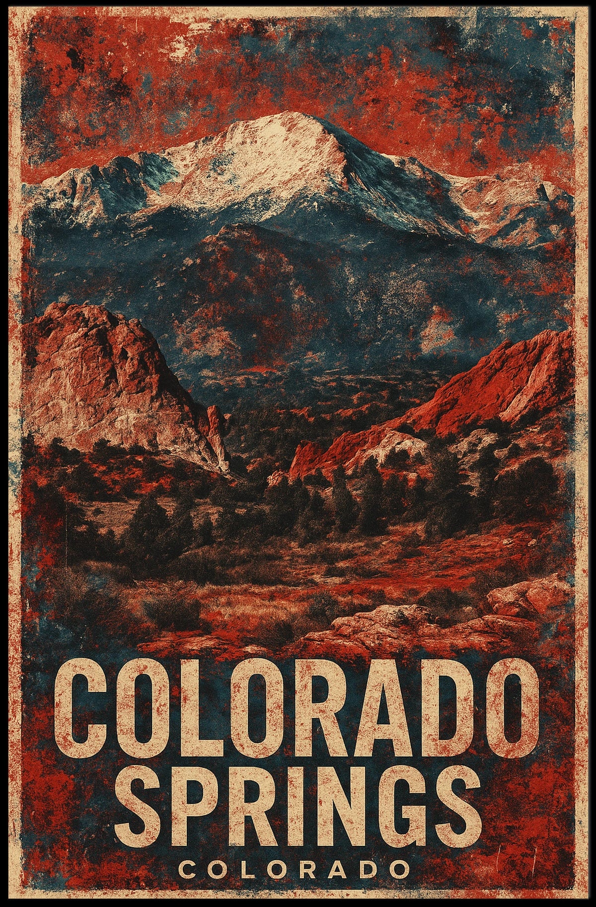 Colorado Springs Vintage Travel Retro 80s Scenic Rocky Mountain Landscape Aesthetic Poster