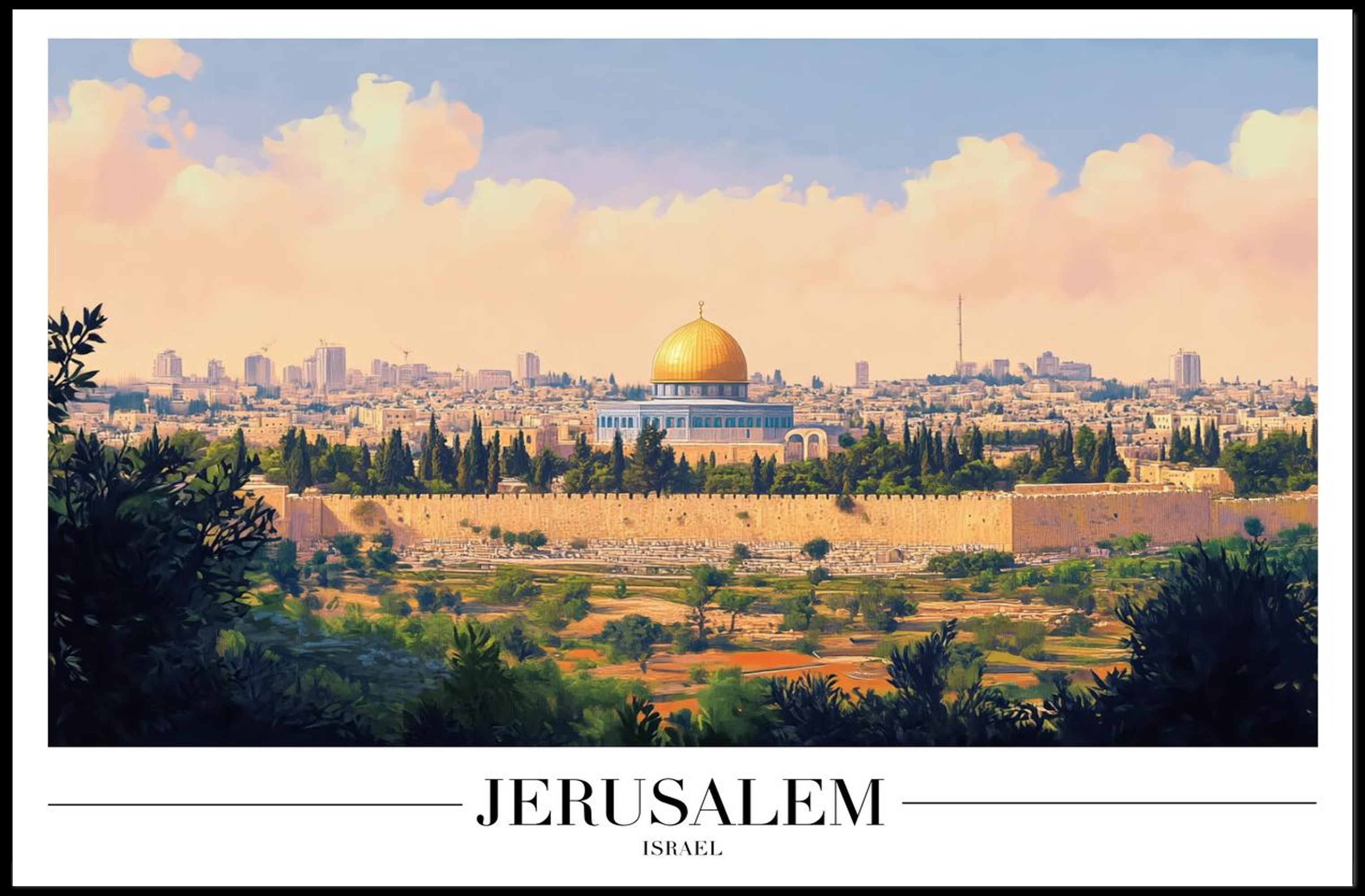 Jerusalem Skyline with Dome of the Rock Cityscape Poster