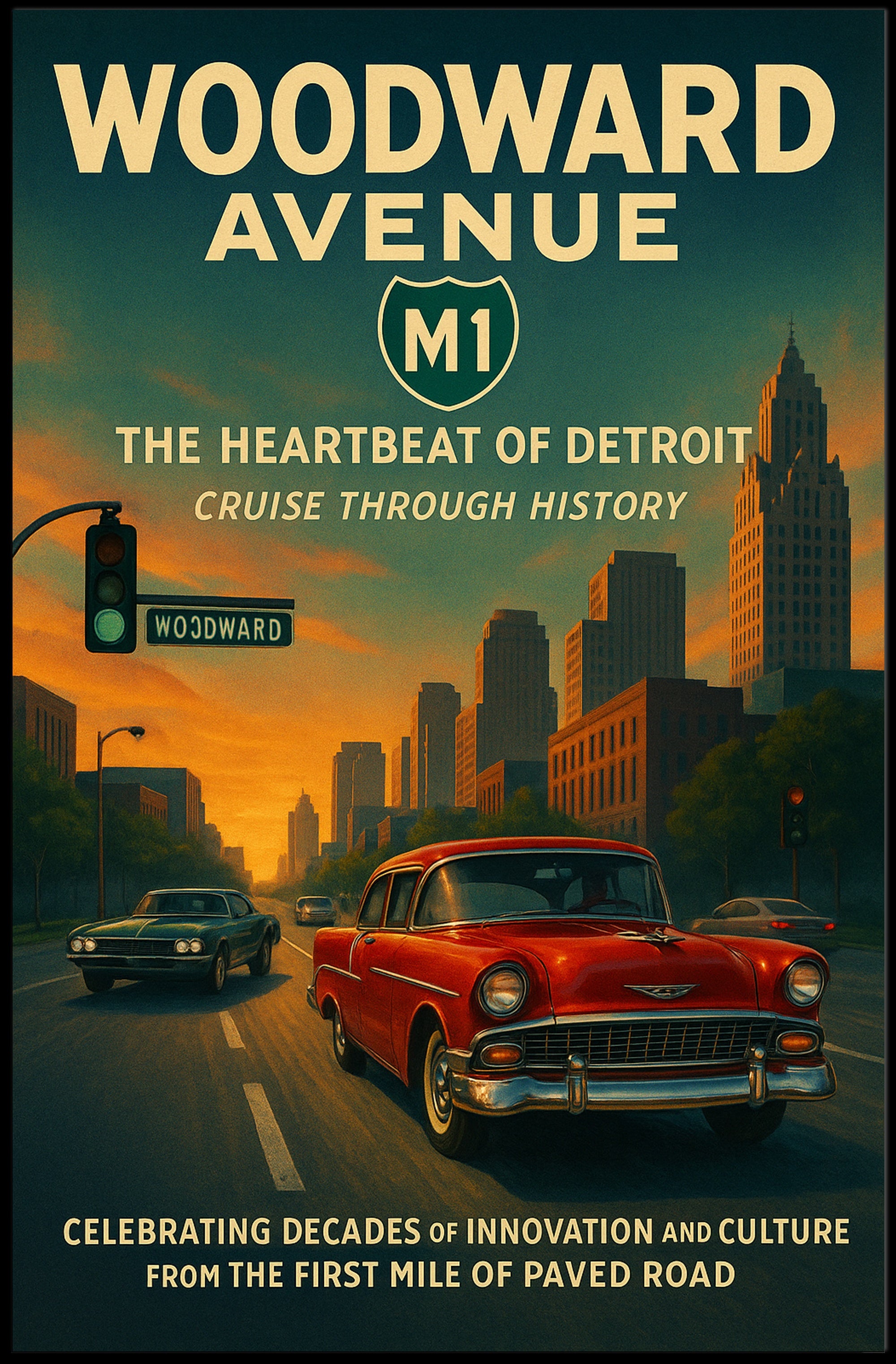Woodward Avenue Detroit Vintage Cultural Heritage Poster