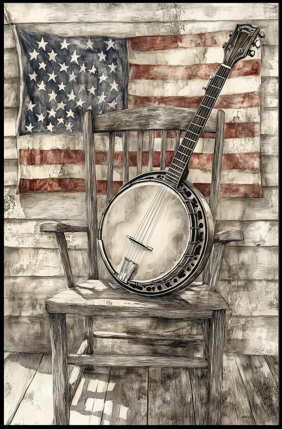Vintage Banjo On Rustic Chair With American Flag Poster